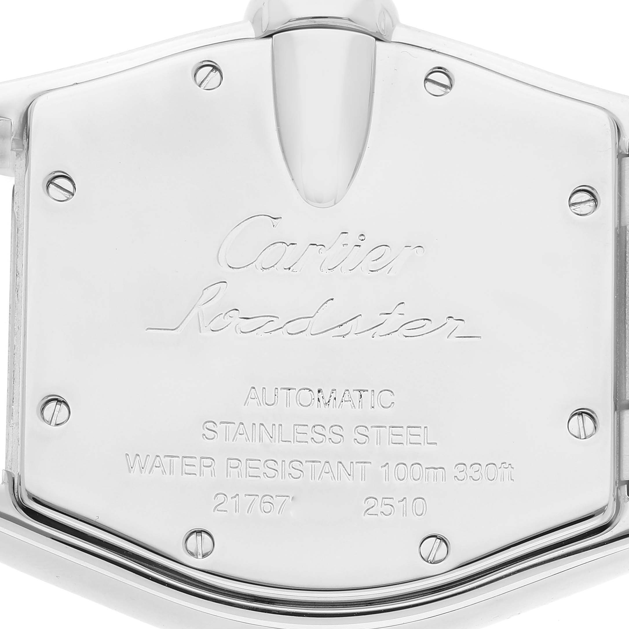 This image shows the case back of a Cartier Roadster W62025V3 Men's Stainless Steel Silver Dial W62025V3 Men's Stainless Steel Silver Dial watch, highlighting its inscriptions and screws.