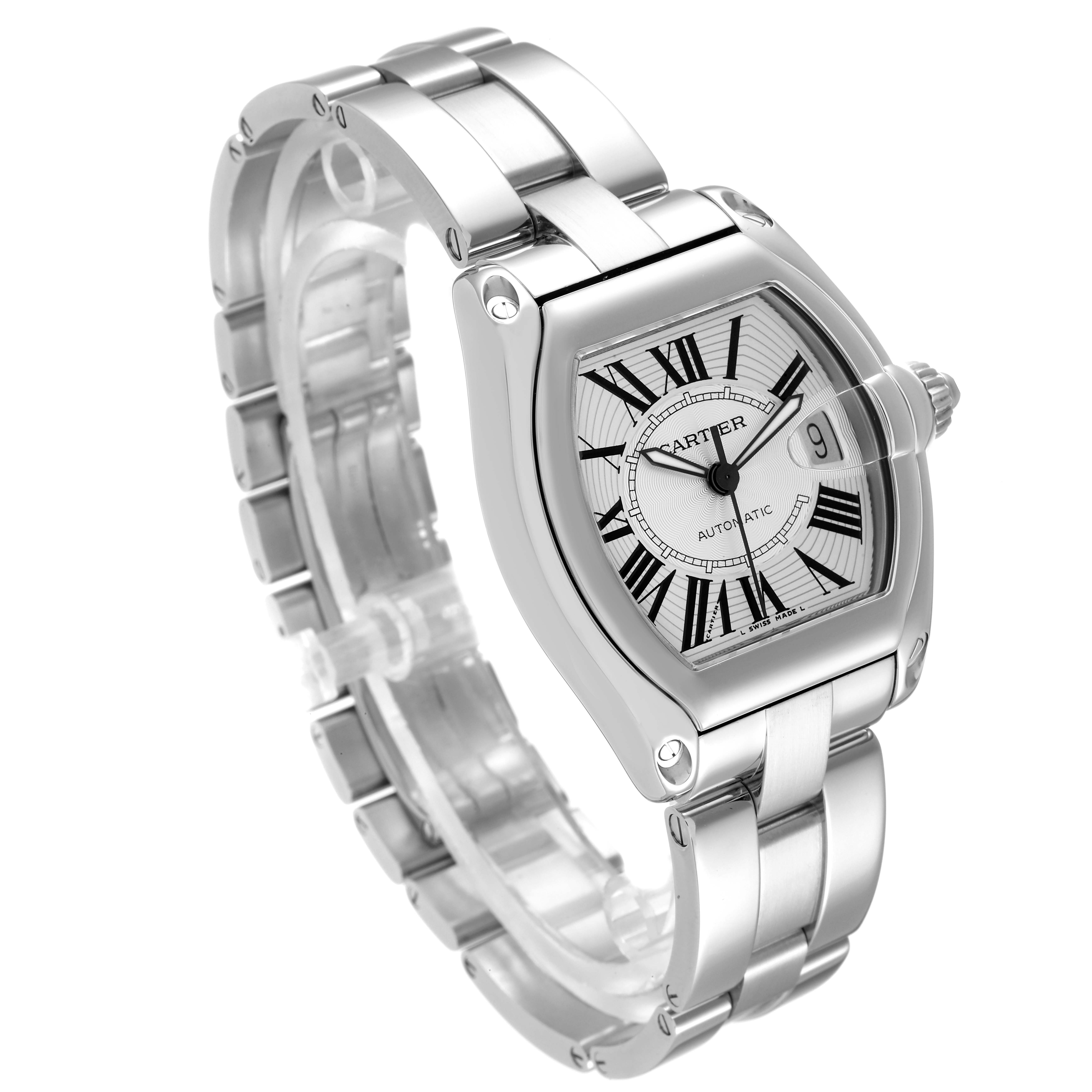 The image shows a Cartier Roadster W62025V3 Men's Stainless Steel Silver Dial W62025V3 Men's Stainless Steel Silver Dial watch with a stainless steel strap and an angled view of the face displaying Roman numerals.