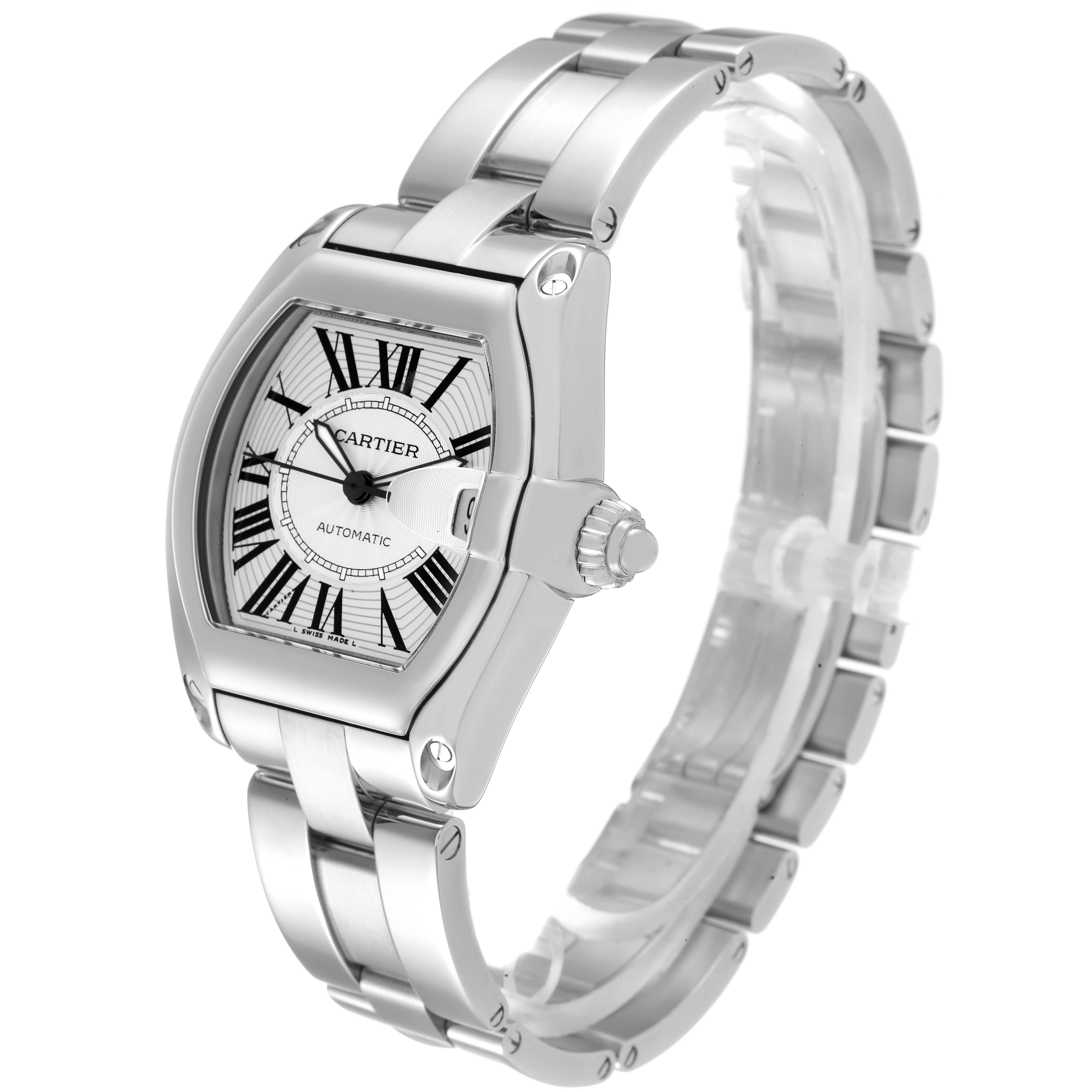 The image shows a Cartier Roadster W62025V3 Men's Stainless Steel Silver Dial W62025V3 Men's Stainless Steel Silver Dial model watch at a three-quarter angle, displaying the dial, crown, and bracelet.