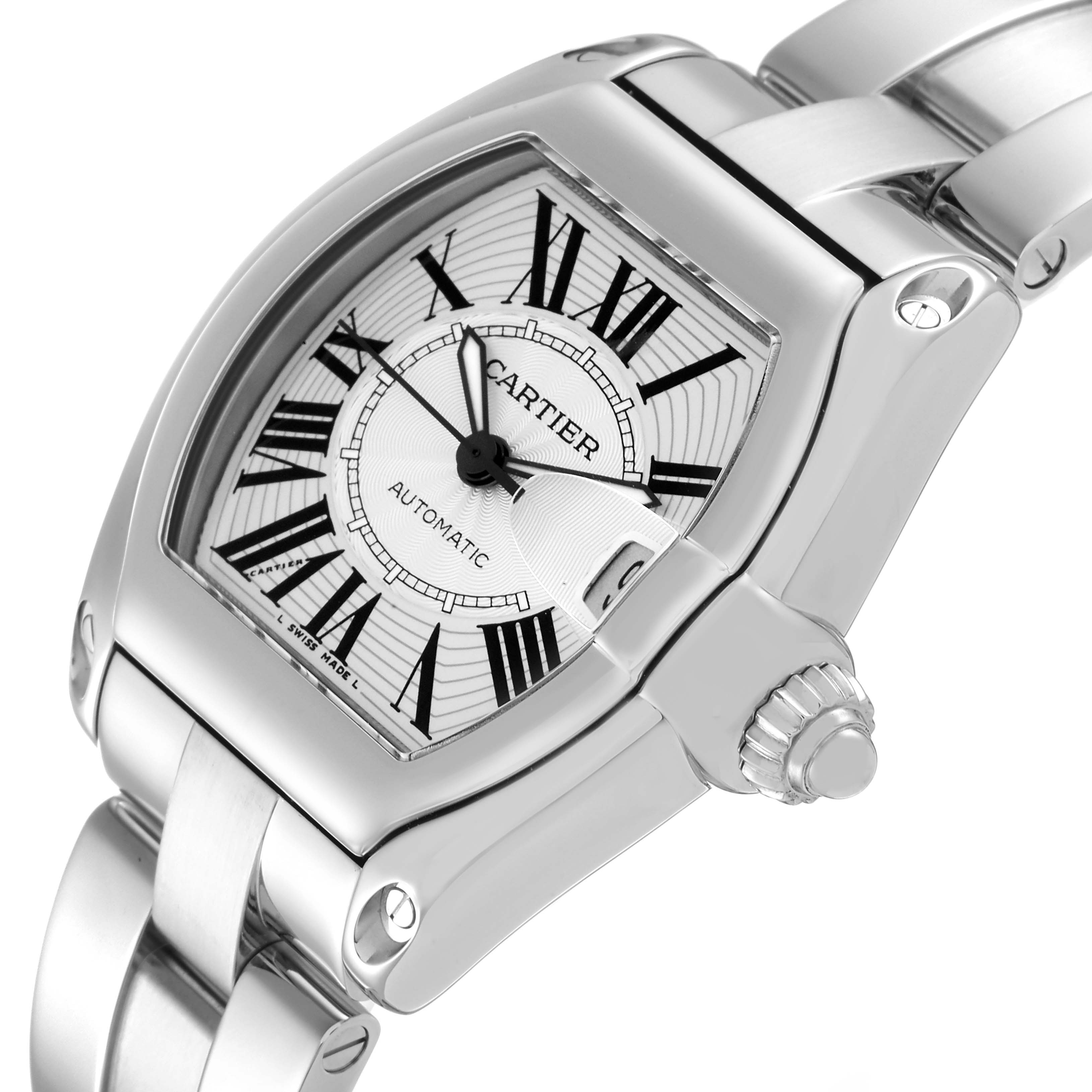 The Cartier Roadster W62025V3 Men's Stainless Steel Silver Dial W62025V3 Men's Stainless Steel Silver Dial watch is shown at an angle highlighting its dial, bezel, crown, and part of the bracelet.