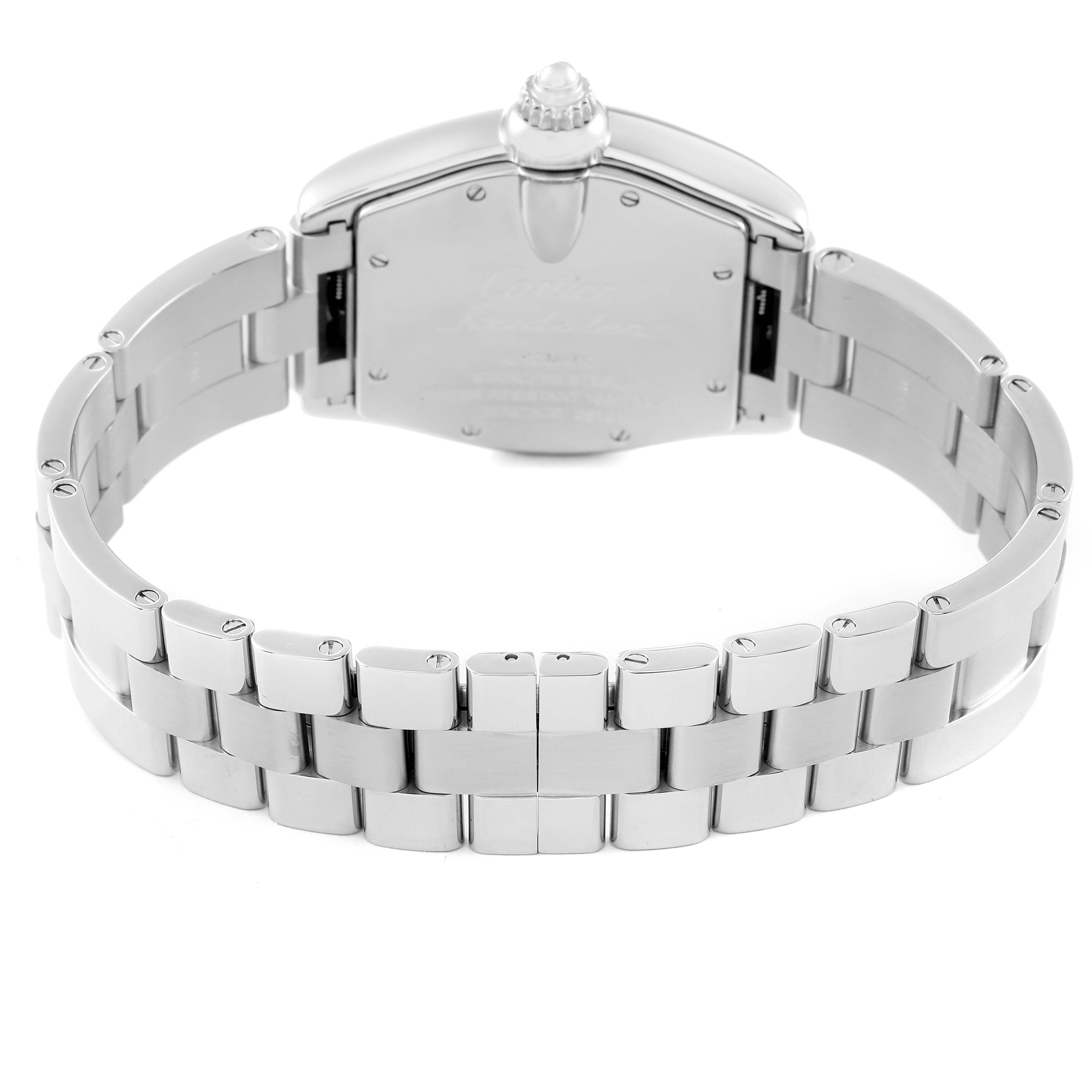 The image shows the back and bracelet of a Cartier Roadster W62025V3 Men's Stainless Steel Silver Dial W62025V3 Men's Stainless Steel Silver Dial watch from a rear view angle.