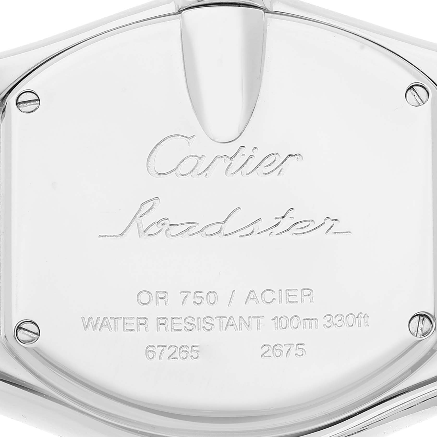 The image shows the back case of the Cartier Roadster W62026Y4 Women
s Steel and Gold (two tone) Silver Dial W62026Y4 Women
s Steel and Gold (two tone) Silver Dial watch, featuring the brand, model name, and technical details.