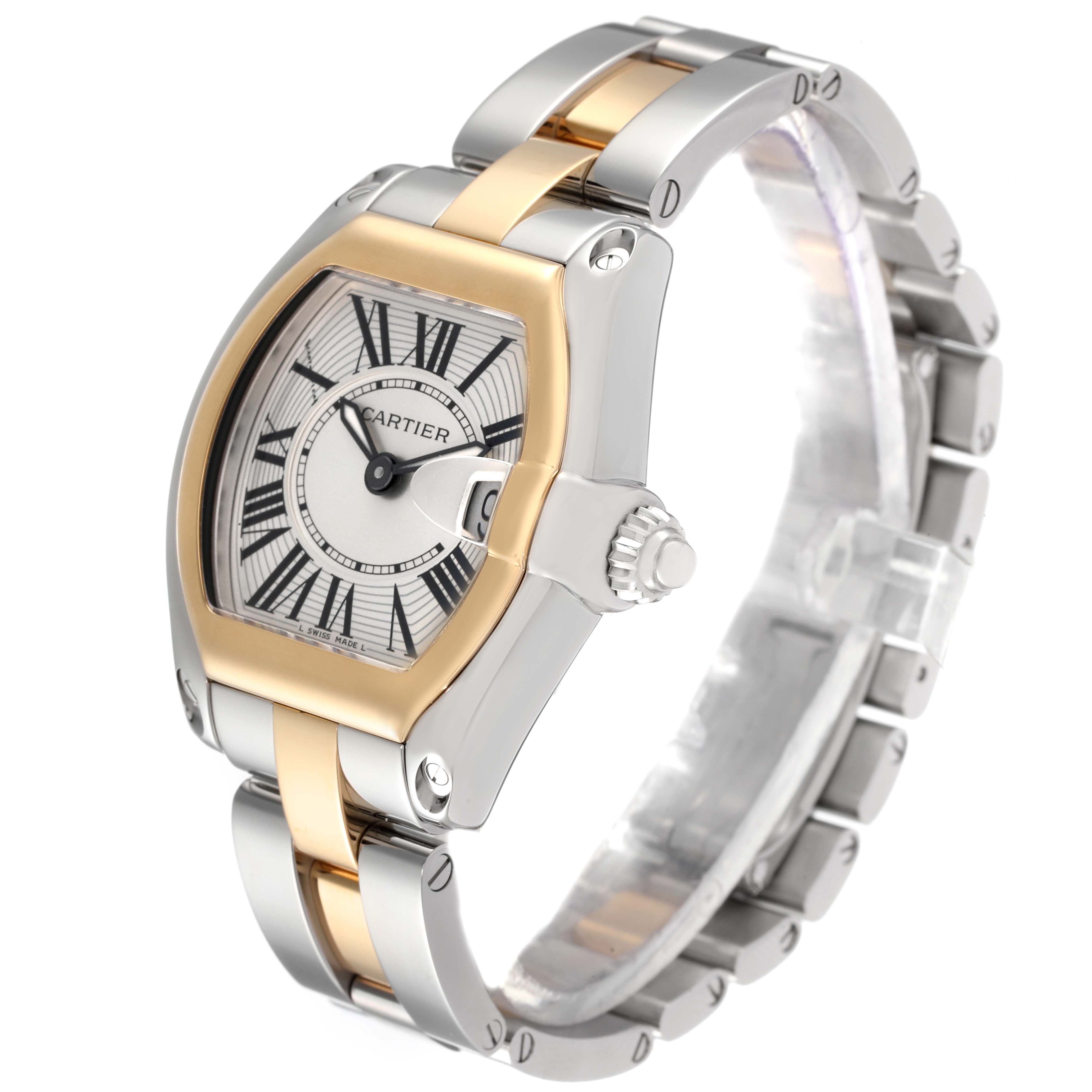 The image shows a Cartier Roadster W62026Y4 Women
s Steel and Gold (two tone) Silver Dial W62026Y4 Women
s Steel and Gold (two tone) Silver Dial watch at a three-quarter angle, highlighting its dial, bezel, crown, and metal bracelet.