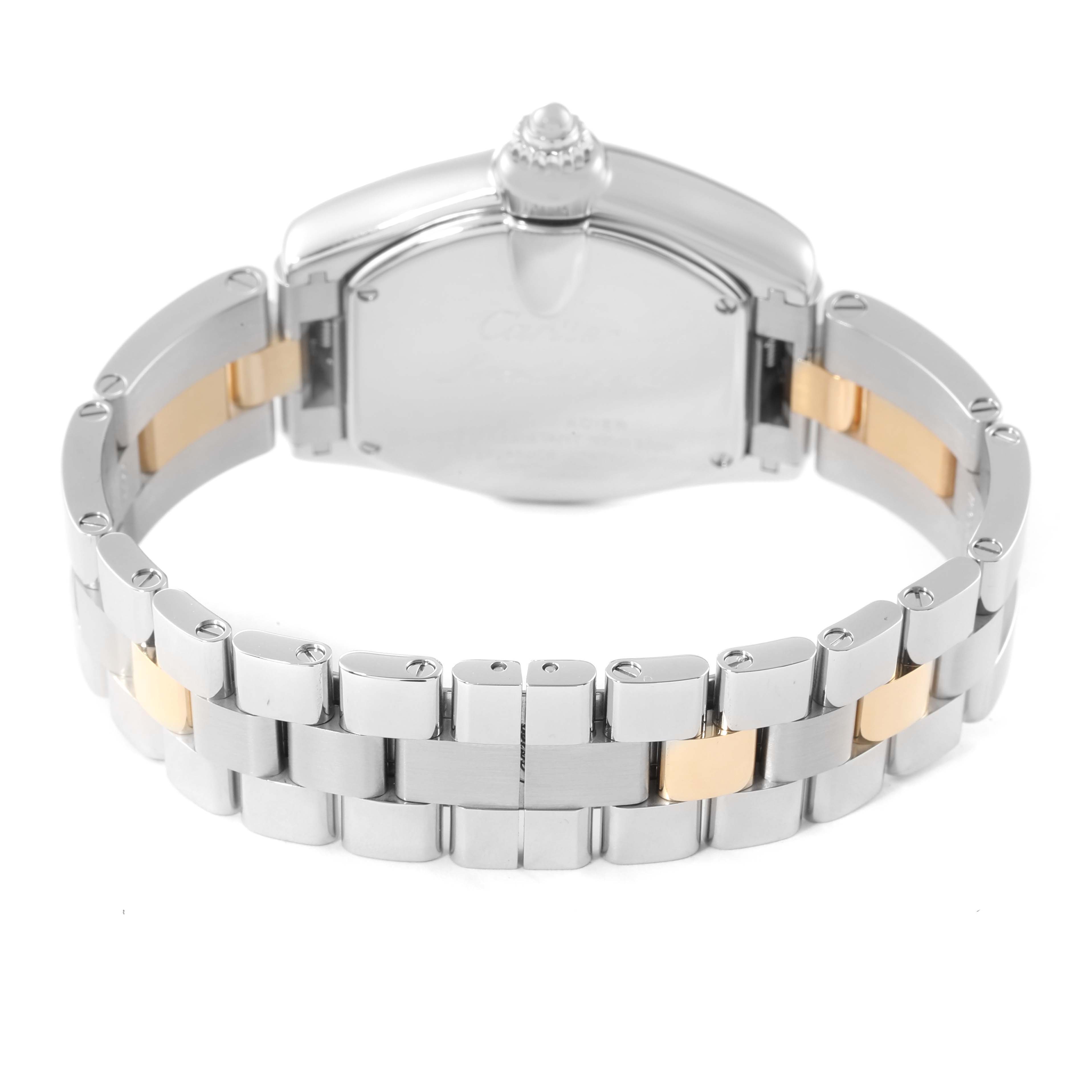 This image shows the back of the Cartier Roadster W62026Y4 Women
s Steel and Gold (two tone) Silver Dial W62026Y4 Women
s Steel and Gold (two tone) Silver Dial watch, focusing on its clasp and the two-tone bracelet.