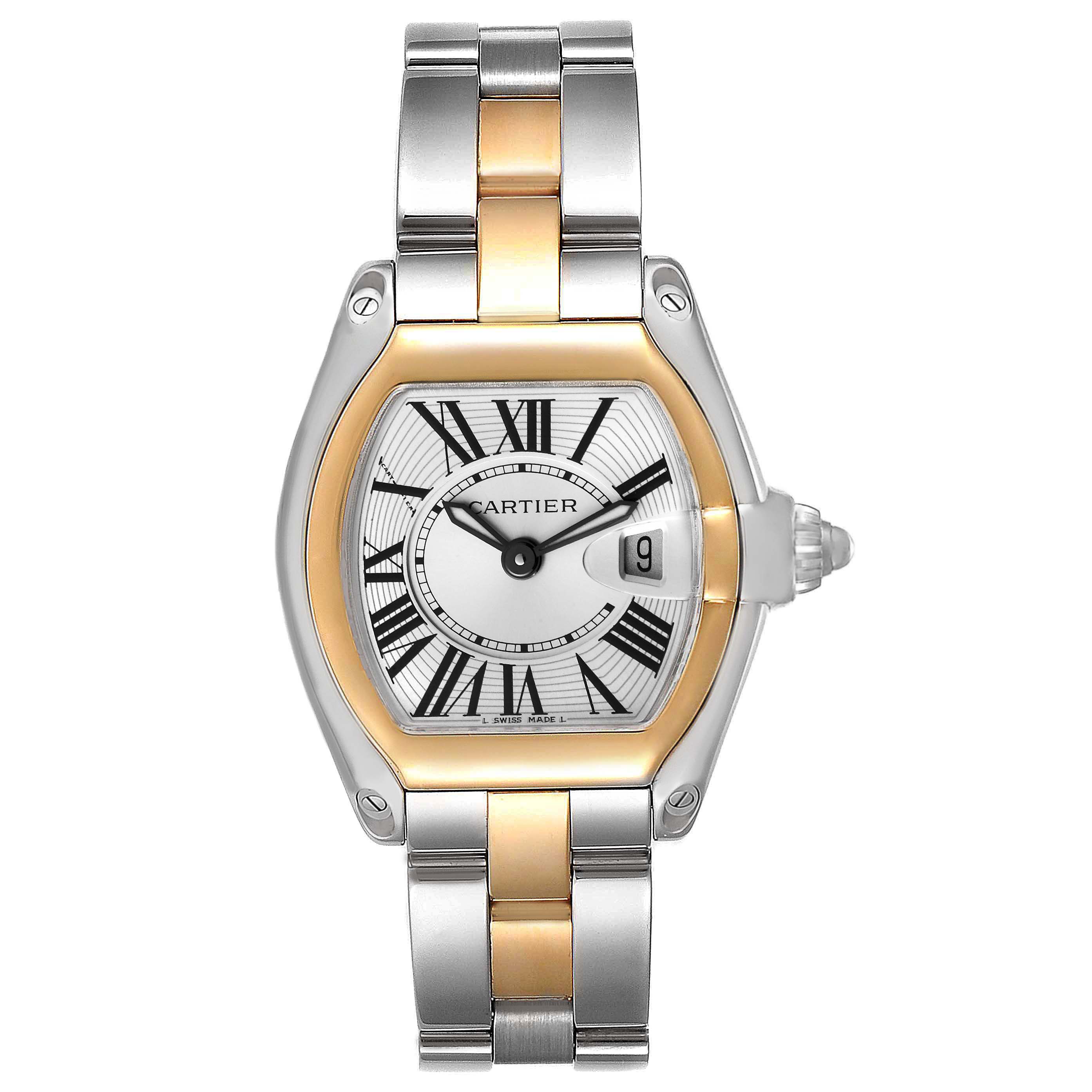 The Cartier Roadster W62026Y4 Women
s Steel and Gold (two tone) Silver Dial W62026Y4 Women
s Steel and Gold (two tone) Silver Dial watch is shown from a top-down angle, highlighting its face, bracelet, and iconic crown.
