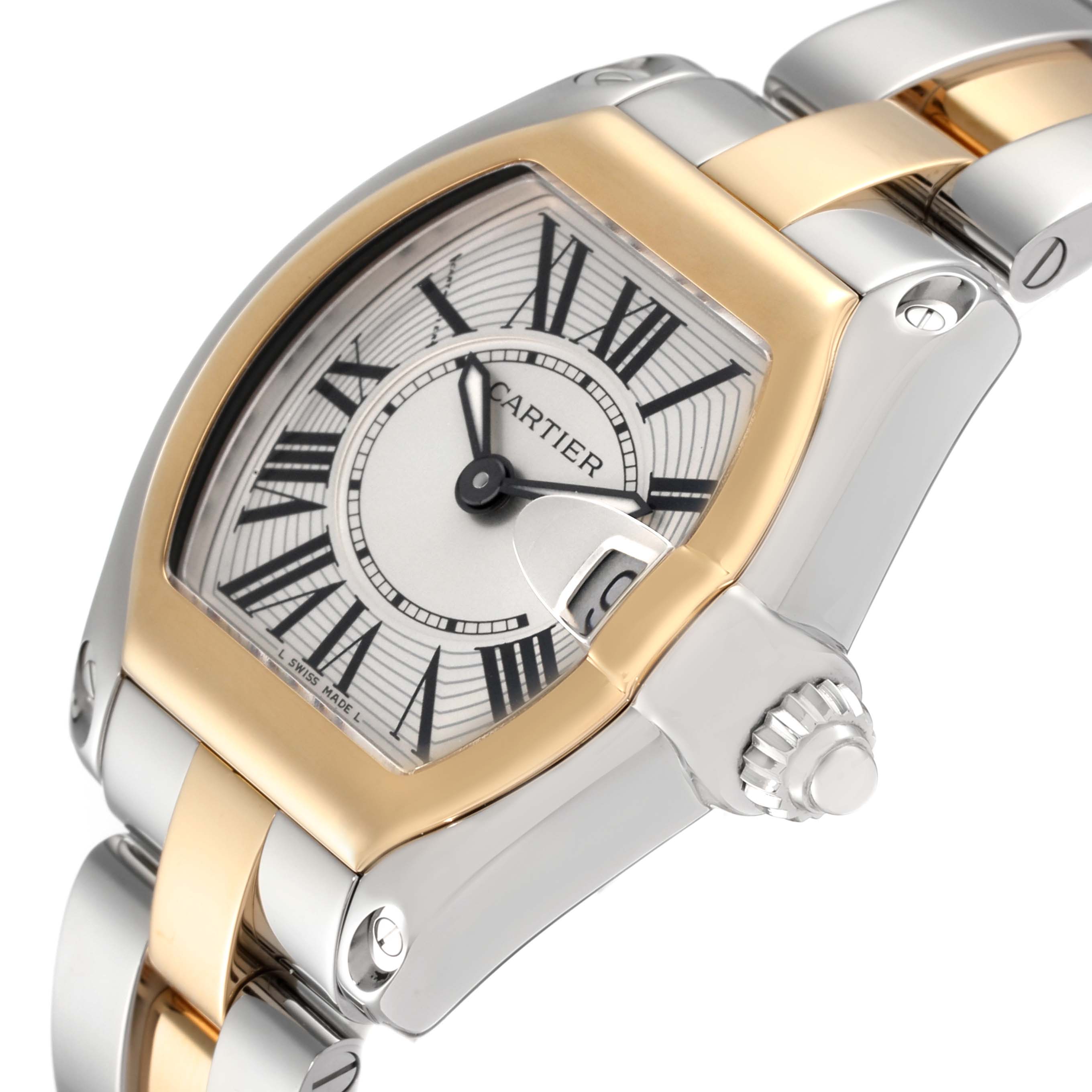 The image shows a close-up angle of the Cartier Roadster W62026Y4 Women
s Steel and Gold (two tone) Silver Dial W62026Y4 Women
s Steel and Gold (two tone) Silver Dial watch, highlighting the dial, bezel, crown, and bracelet.