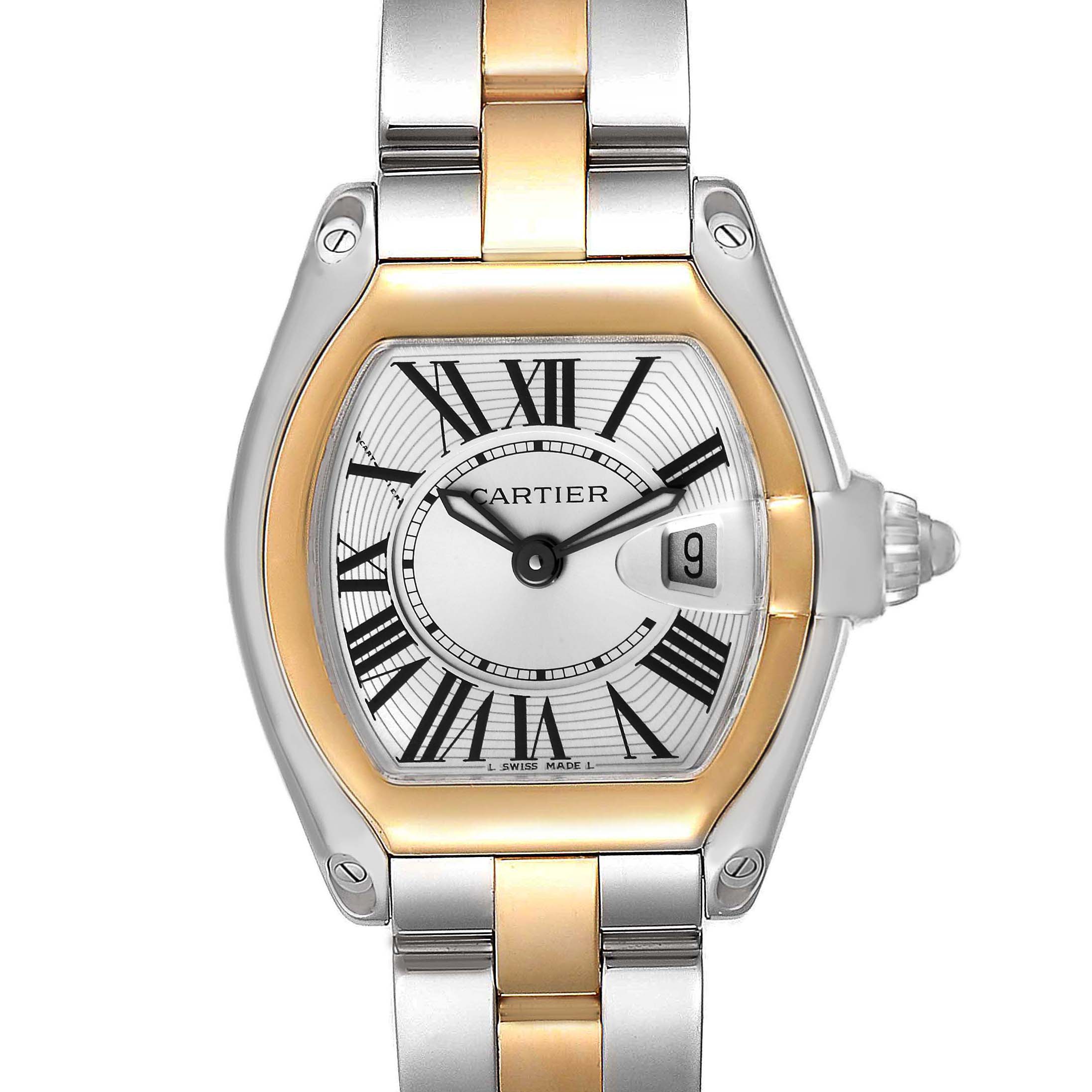 The image shows a front view of a Cartier Roadster W62026Y4 Women
s Steel and Gold (two tone) Silver Dial W62026Y4 Women
s Steel and Gold (two tone) Silver Dial watch displaying the face, bezel, and part of the bracelet.