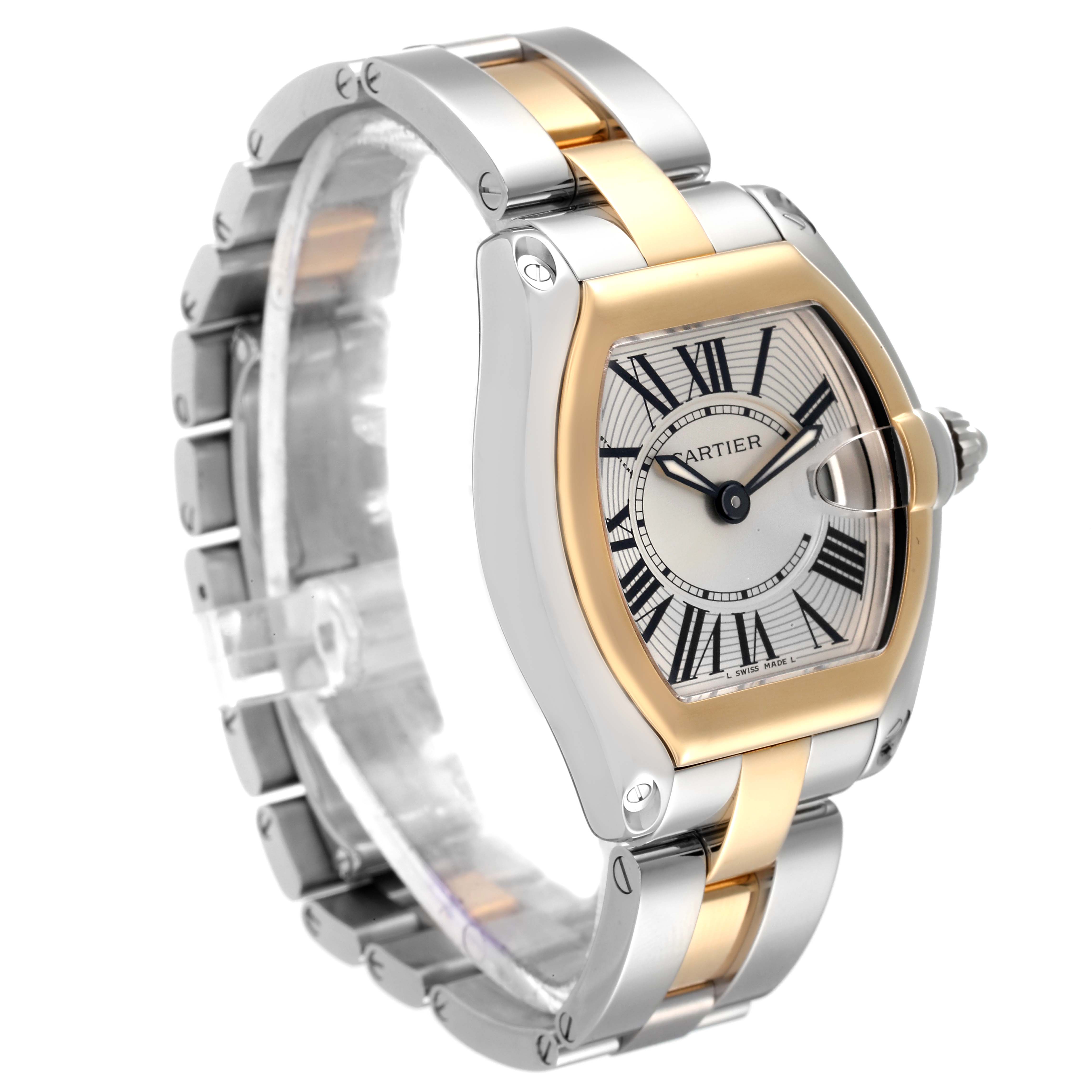 The Cartier Roadster W62026Y4 Women
s Steel and Gold (two tone) Silver Dial W62026Y4 Women
s Steel and Gold (two tone) Silver Dial watch is shown at an angle displaying the case, crown, dial, and partial bracelet.