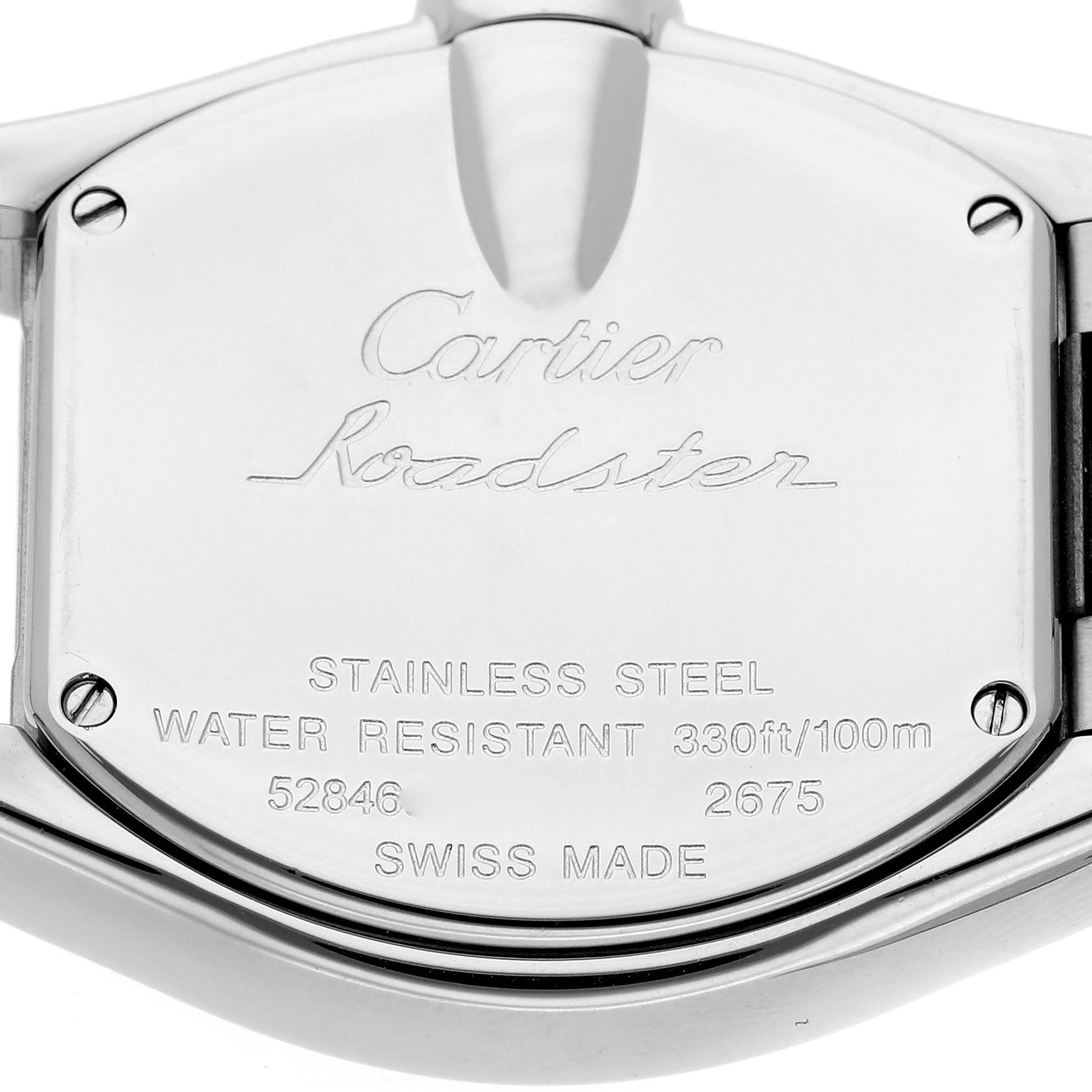 This is the back casing of a Cartier Roadster W62026Y4 Women
s Steel and Gold (two tone) Silver Dial W62026Y4 Women
s Steel and Gold (two tone) Silver Dial watch, showing the engraved model details and specifications.