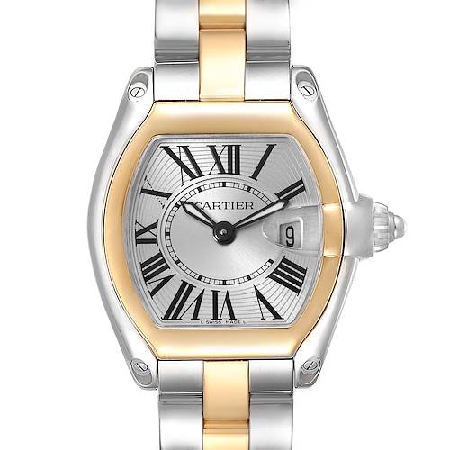 The image shows a frontal view of the Cartier Roadster watch, highlighting the dial, bezel, and a portion of the bracelet.