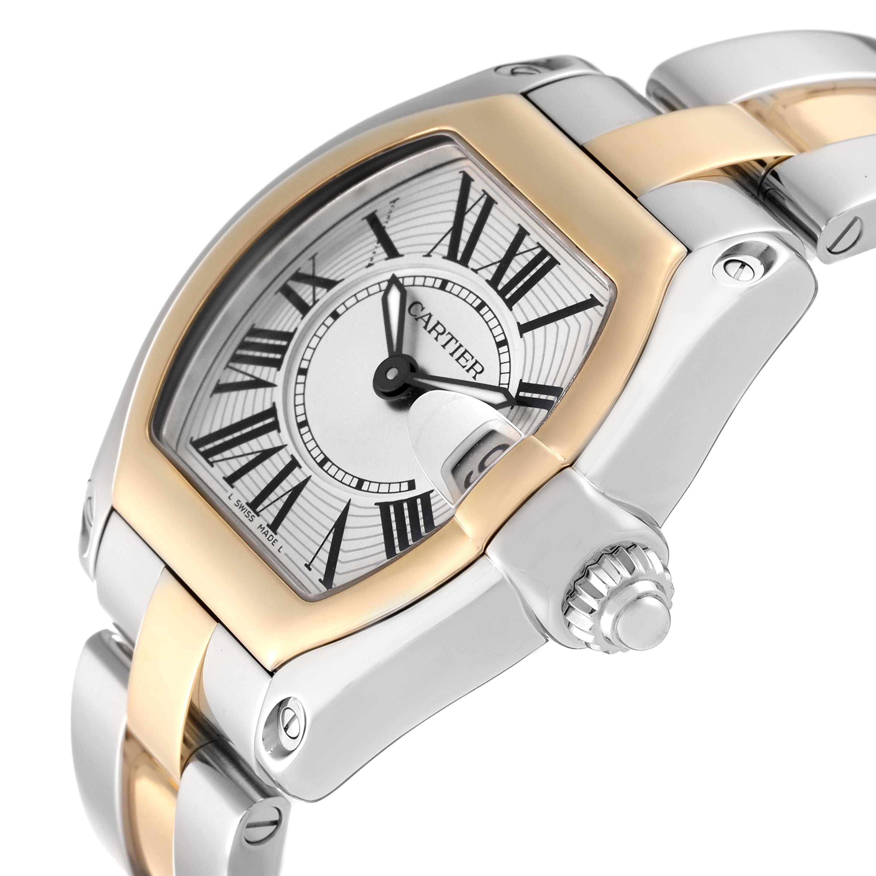 The image shows the Cartier Roadster W62026Y4 Women
s Steel and Gold (two tone) Silver Dial W62026Y4 Women
s Steel and Gold (two tone) Silver Dial watch at an angle highlighting the watch face, crown, and part of the bracelet.