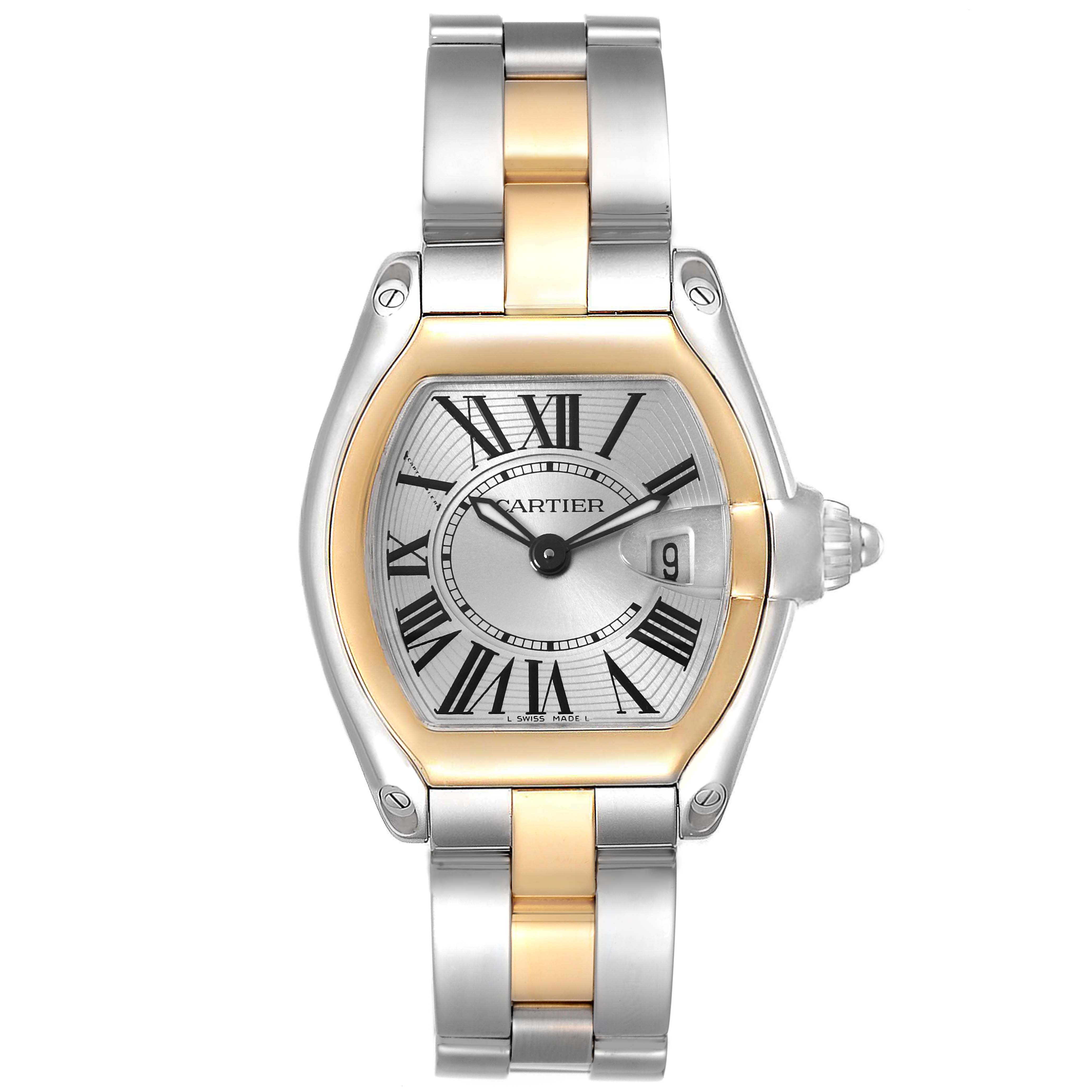 The Cartier Roadster W62026Y4 Women
s Steel and Gold (two tone) Silver Dial W62026Y4 Women
s Steel and Gold (two tone) Silver Dial watch is shown from a top-down angle, highlighting its dial, case, bracelet, and crown.
