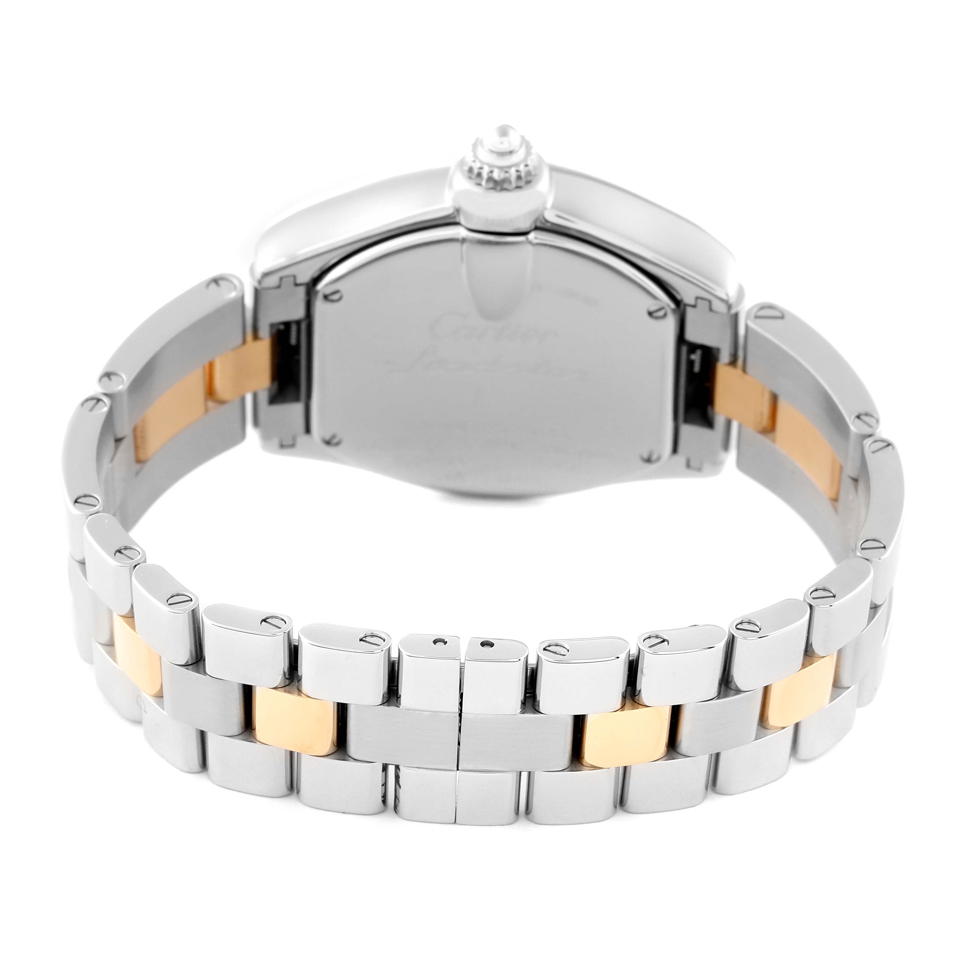The image shows the back and bracelet of a Cartier Roadster W62026Y4 Women
s Steel and Gold (two tone) Silver Dial W62026Y4 Women
s Steel and Gold (two tone) Silver Dial watch, highlighting the two-tone metal links.