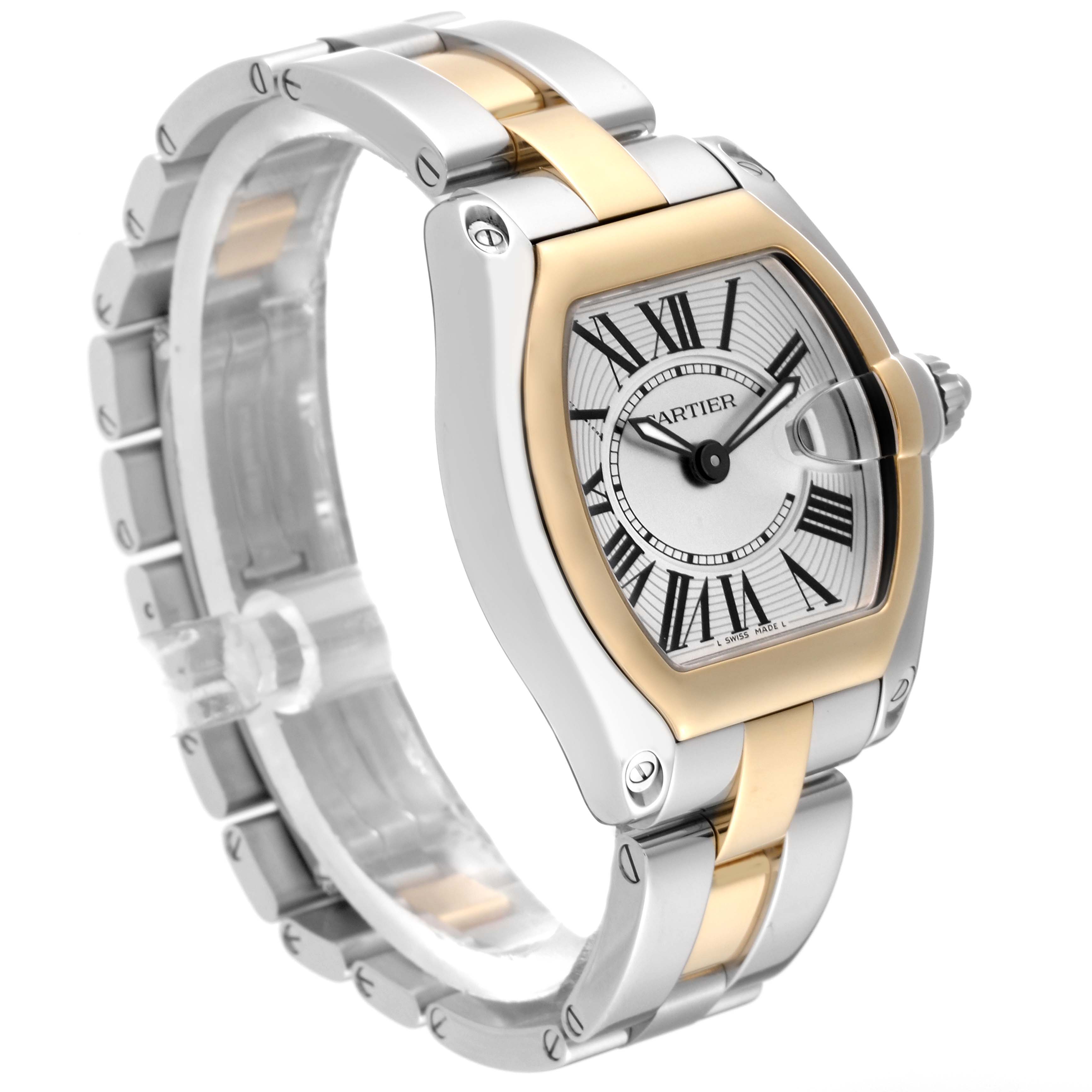 The image shows a side view of a Cartier Roadster W62026Y4 Women
s Steel and Gold (two tone) Silver Dial W62026Y4 Women
s Steel and Gold (two tone) Silver Dial watch, highlighting its two-tone (silver and gold) bracelet and dial.