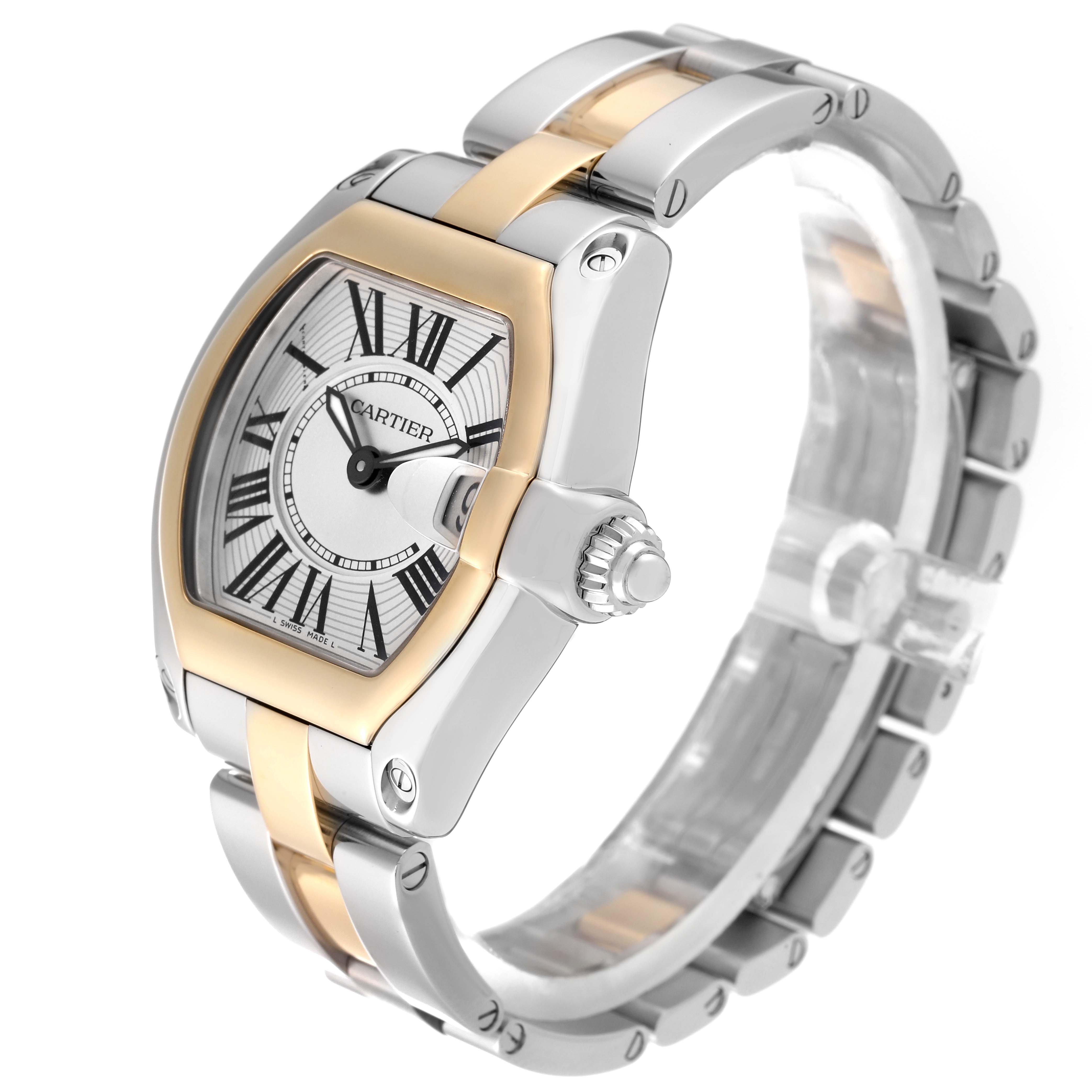 The Cartier Roadster W62026Y4 Women
s Steel and Gold (two tone) Silver Dial W62026Y4 Women
s Steel and Gold (two tone) Silver Dial model watch is shown at an angled side view, displaying its face, bezel, crown, and bracelet.