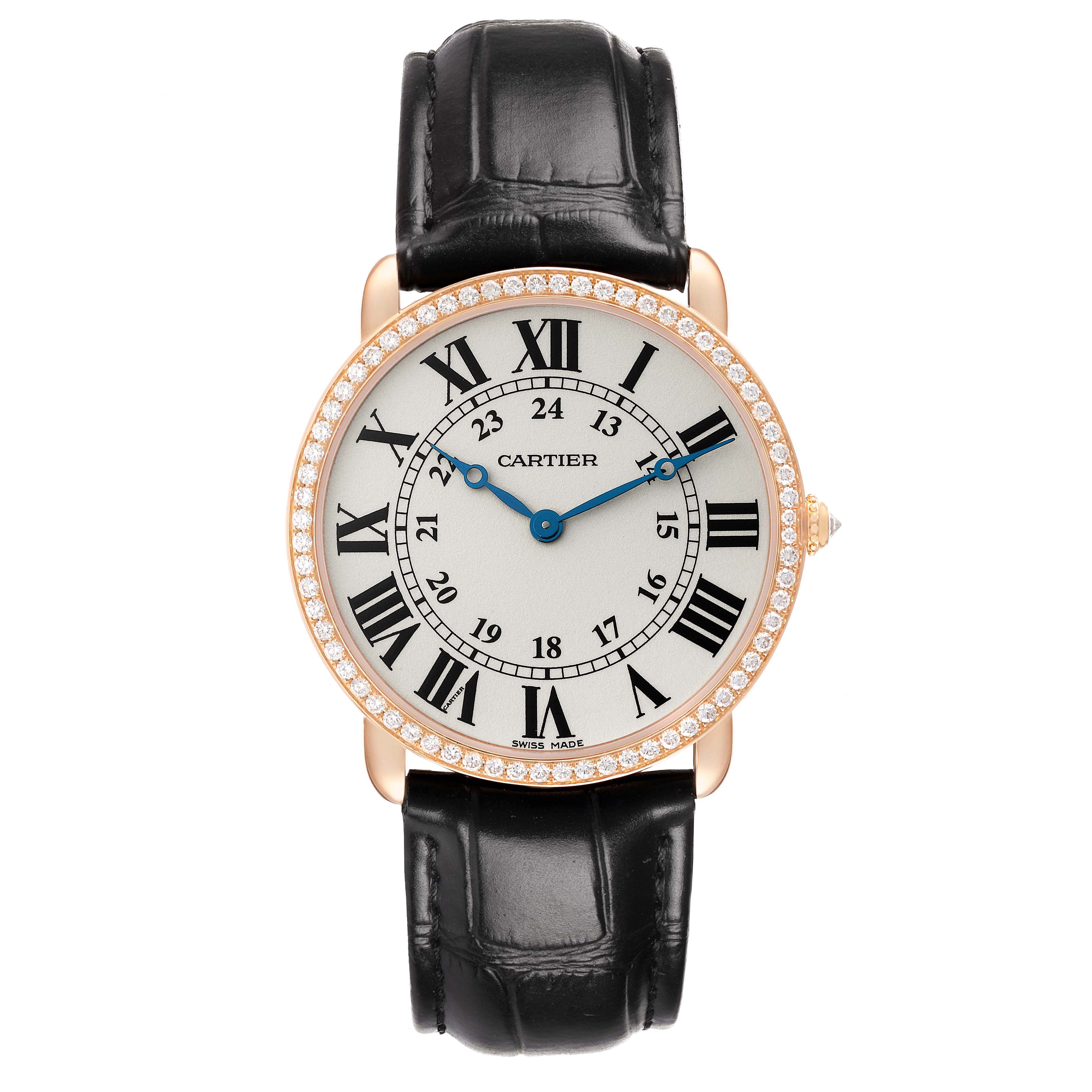 The Cartier Tank Louis WR000651 Women's Rose Gold Silver Dial watch is shown from a top-down view, displaying its round face, Roman numerals, and leather strap.