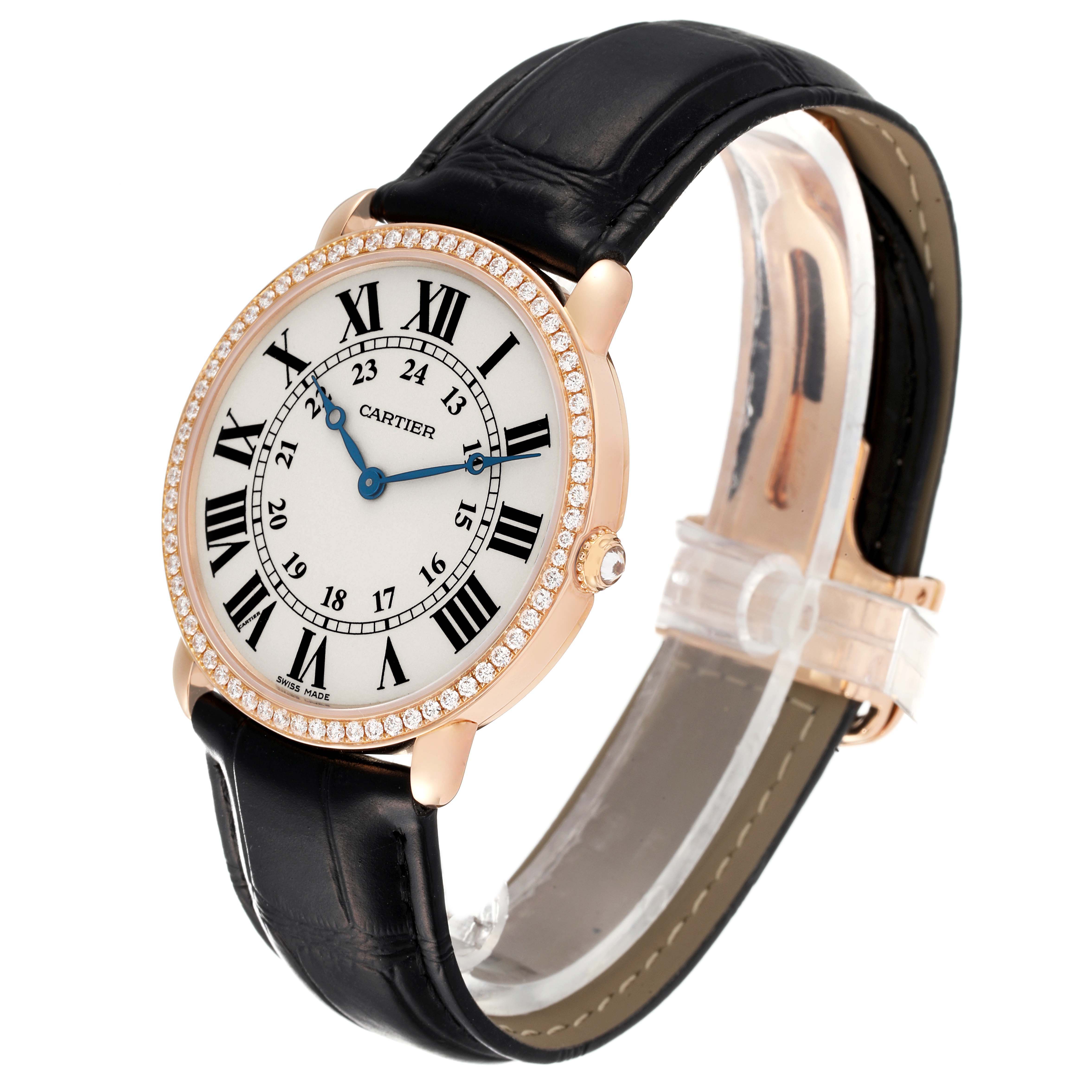 The image shows a Cartier Tank Louis WR000651 Women's Rose Gold Silver Dial watch at a side angle, highlighting the round case, diamonds, dial, and leather strap.