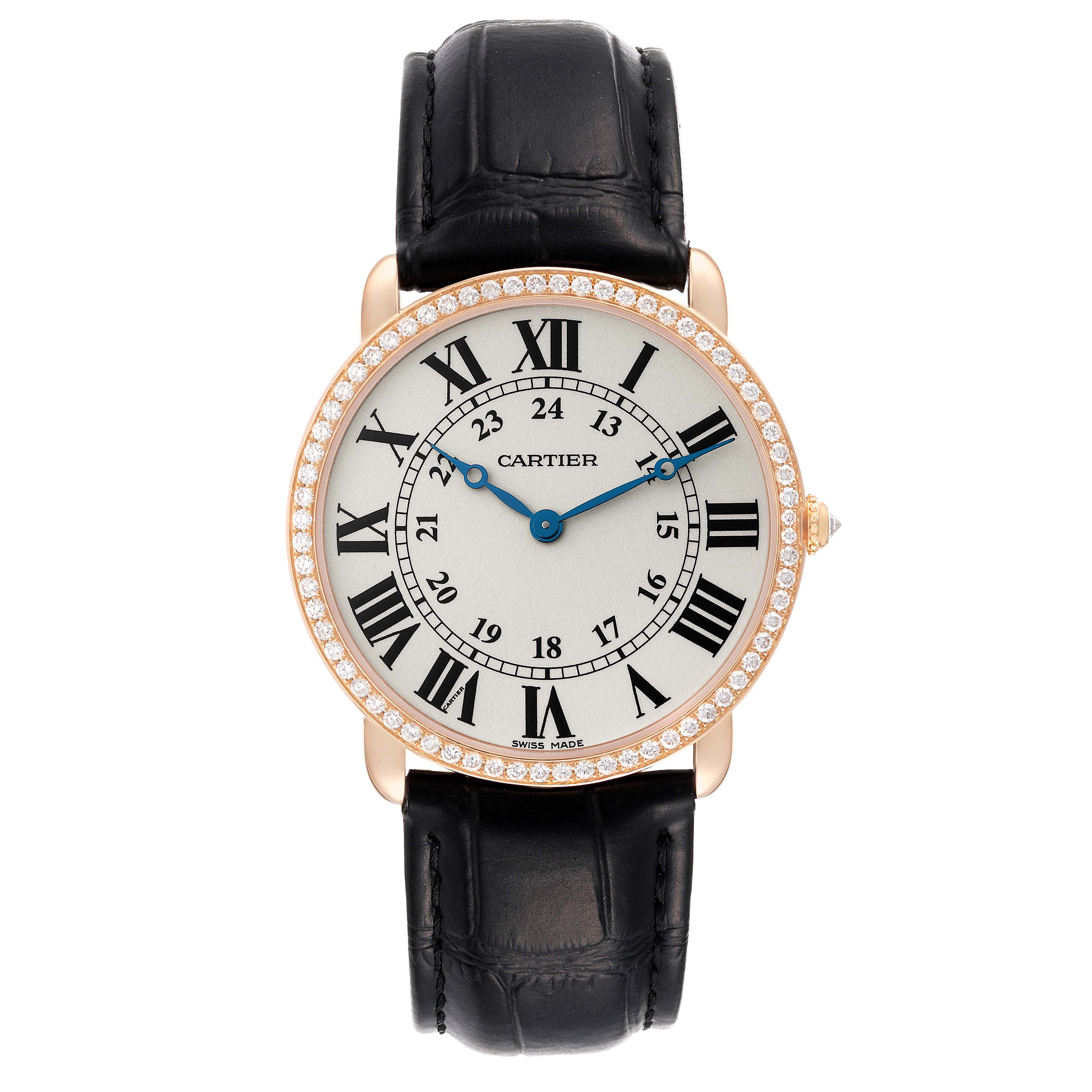 The Cartier Tank Louis WR000651 Women's Rose Gold Silver Dial watch is shown from a top view, displaying its dial, case, and black leather strap.
