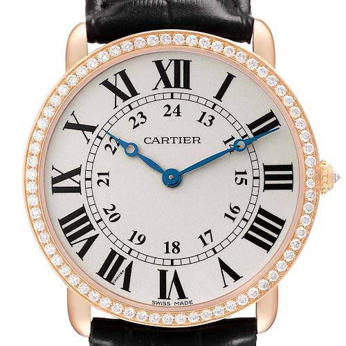 This image shows a Cartier Tank Louis WR000651 Women's Rose Gold Silver Dial watch face, highlighting its diamond-set bezel and Roman numeral dial.