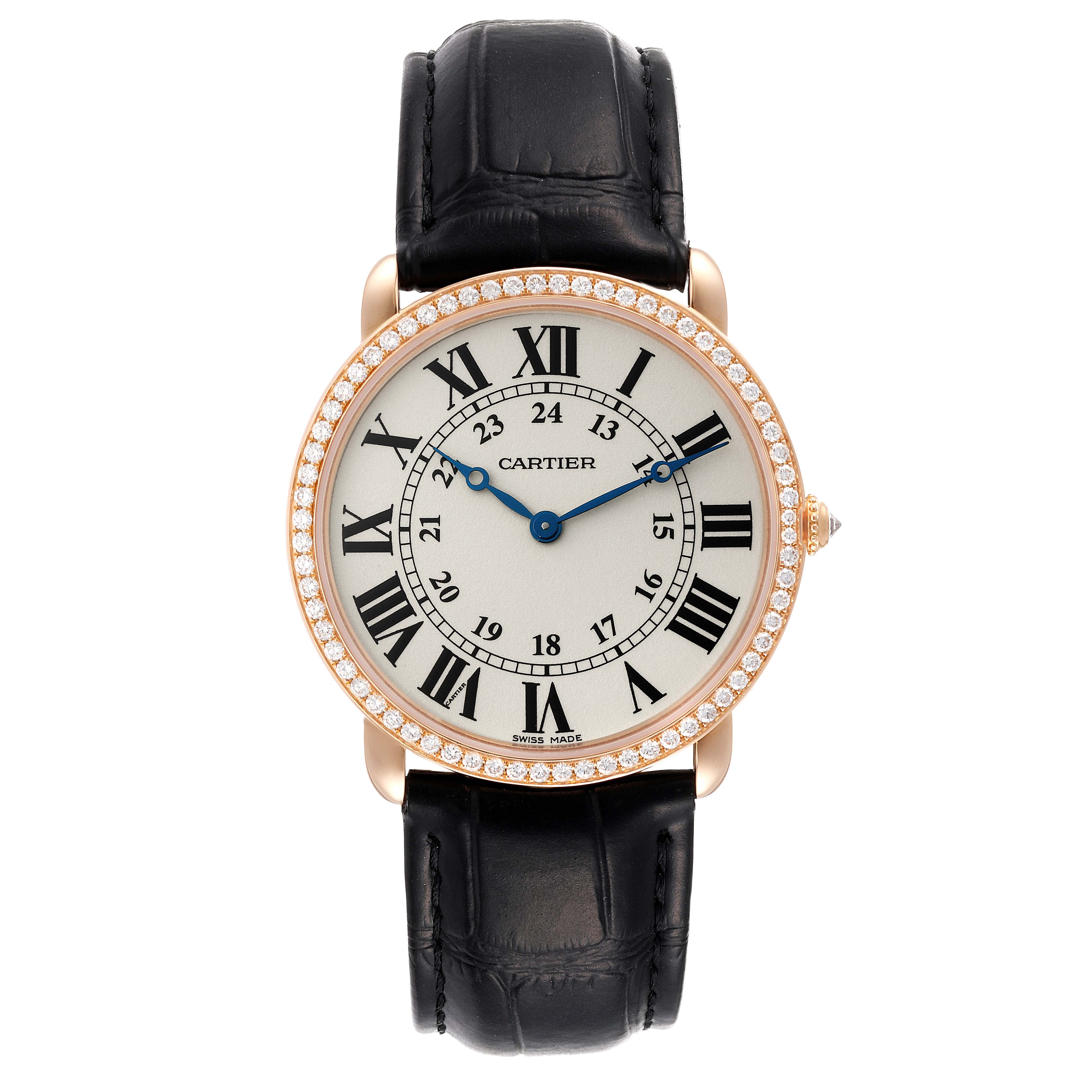 The image shows a Cartier Ronde WR000651 Men
s Rose Gold Silver Dial WR000651 Men
s Rose Gold Silver Dial watch from a front angle, displaying the dial, bezel with diamonds, and black leather strap.