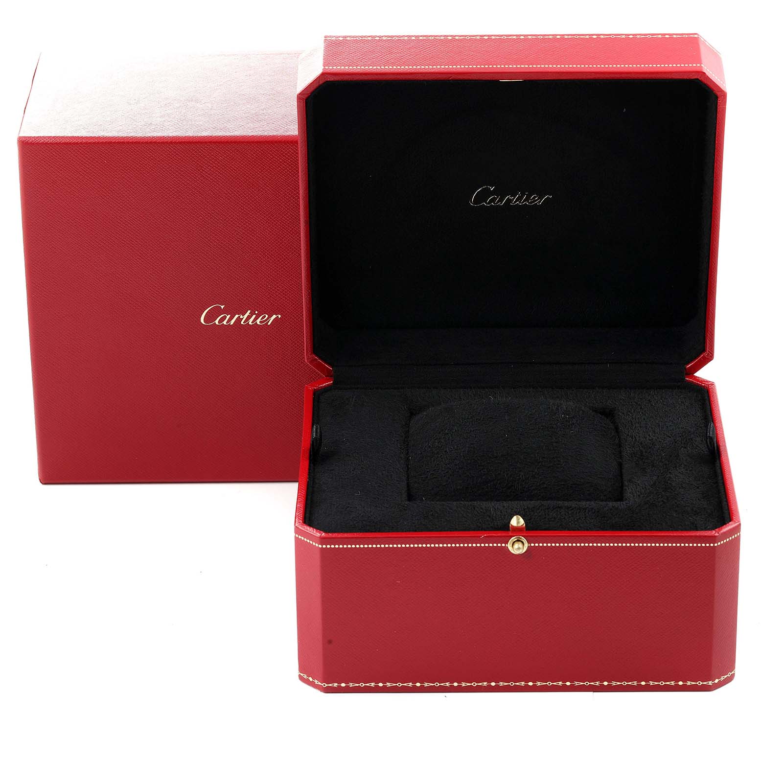This image shows an empty red Cartier box and case for the Ronde model watch, open with a black interior.