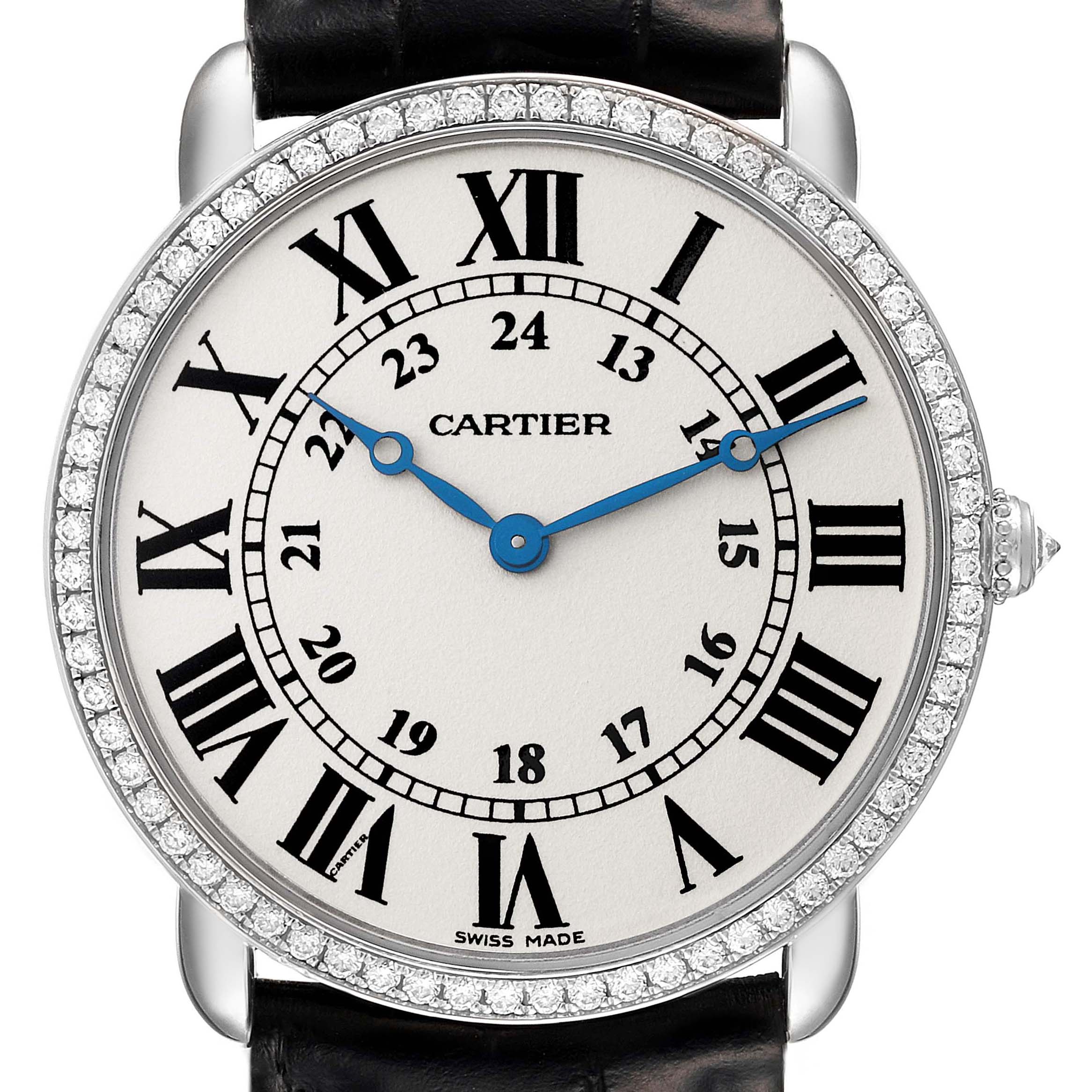 The Cartier Ronde WR000551 Women's White Gold Silver Dial WR000551 Women's White Gold Silver Dial watch is shown from the front, displaying the dial, Roman numerals, bezel, and part of the strap.