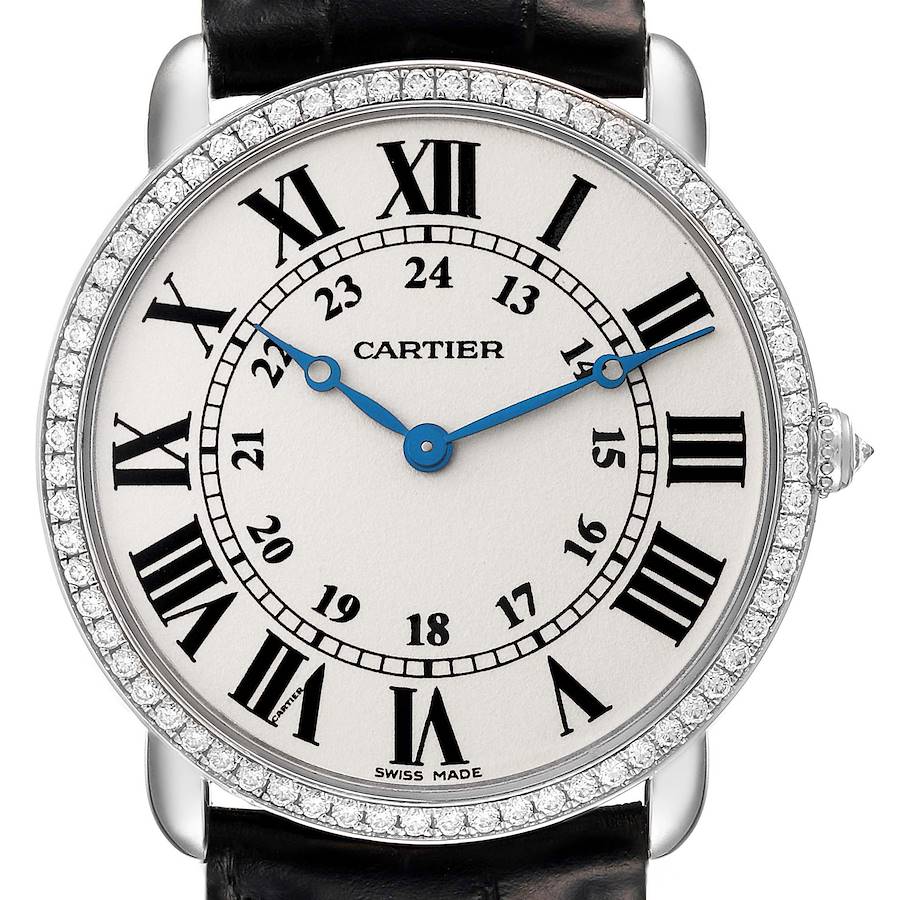 The Cartier Ronde WR000551 Women
s White Gold Silver Dial WR000551 Women
s White Gold Silver Dial watch is shown from the front, displaying the dial, Roman numerals, bezel, and part of the strap.