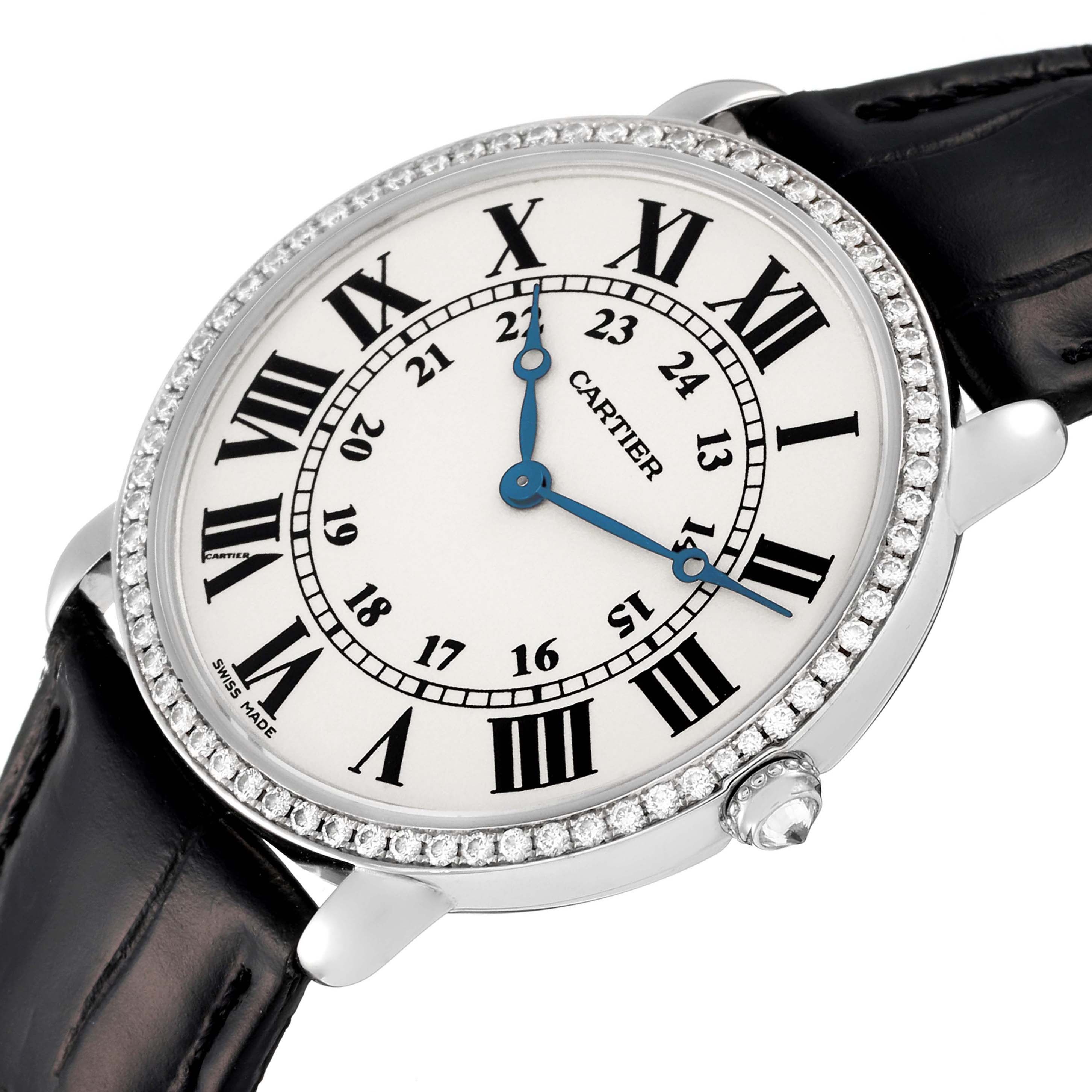 The Cartier Ronde WR000551 Women's White Gold Silver Dial WR000551 Women's White Gold Silver Dial watch is shown at a slight angle, highlighting its face, bezel with diamonds, and black leather strap.