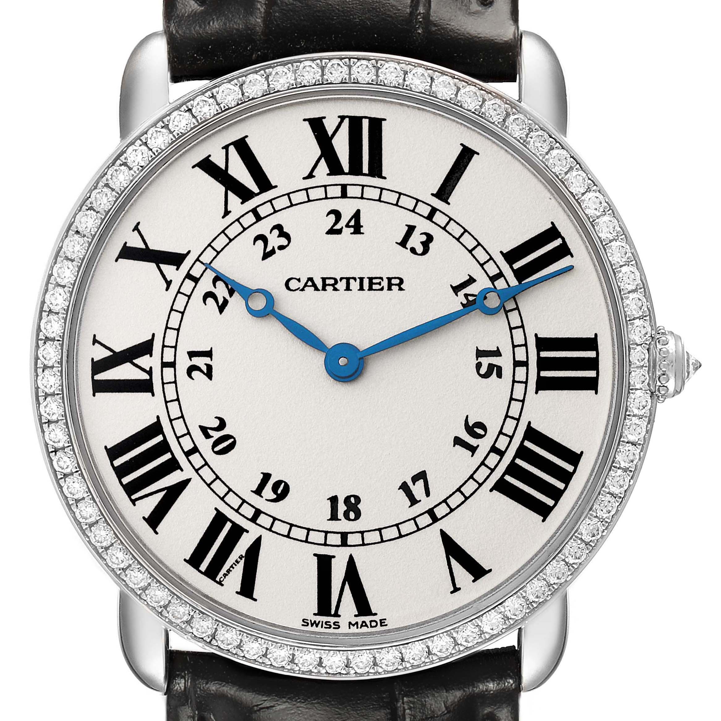 The Cartier Ronde WR000551 Women's White Gold Silver Dial watch is shown from the front, highlighting the dial, bezel, and leather strap.