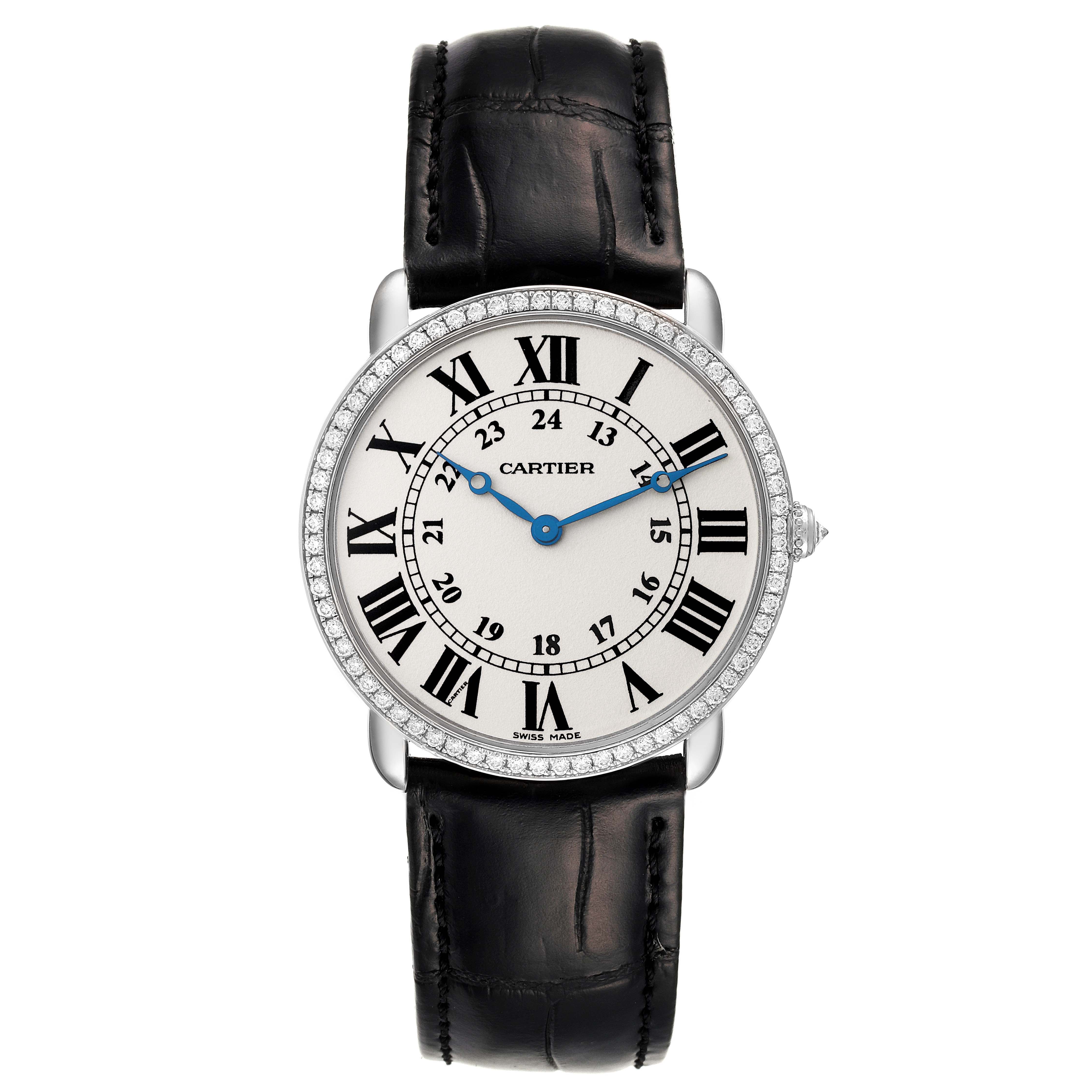 The Cartier Ronde WR000551 Women's White Gold Silver Dial WR000551 Women's White Gold Silver Dial watch is shown from a front angle, featuring its dial, Roman numerals, and leather strap.