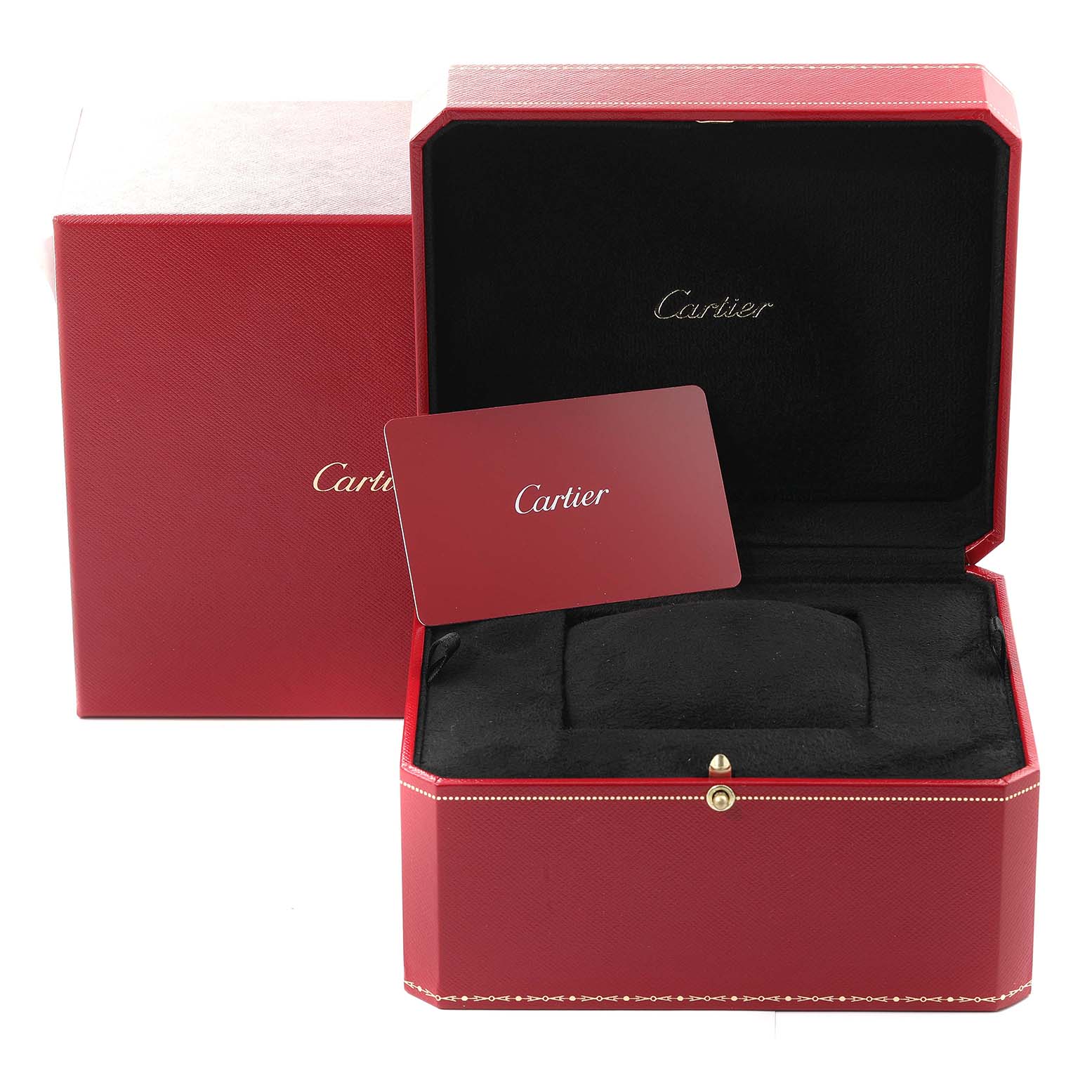 This image shows the original packaging of a Cartier Santos W20108Y1 Men
s Rose Gold Silver Dial W20108Y1 Men
s Rose Gold Silver Dial watch, including its red box and accompanying warranty card.