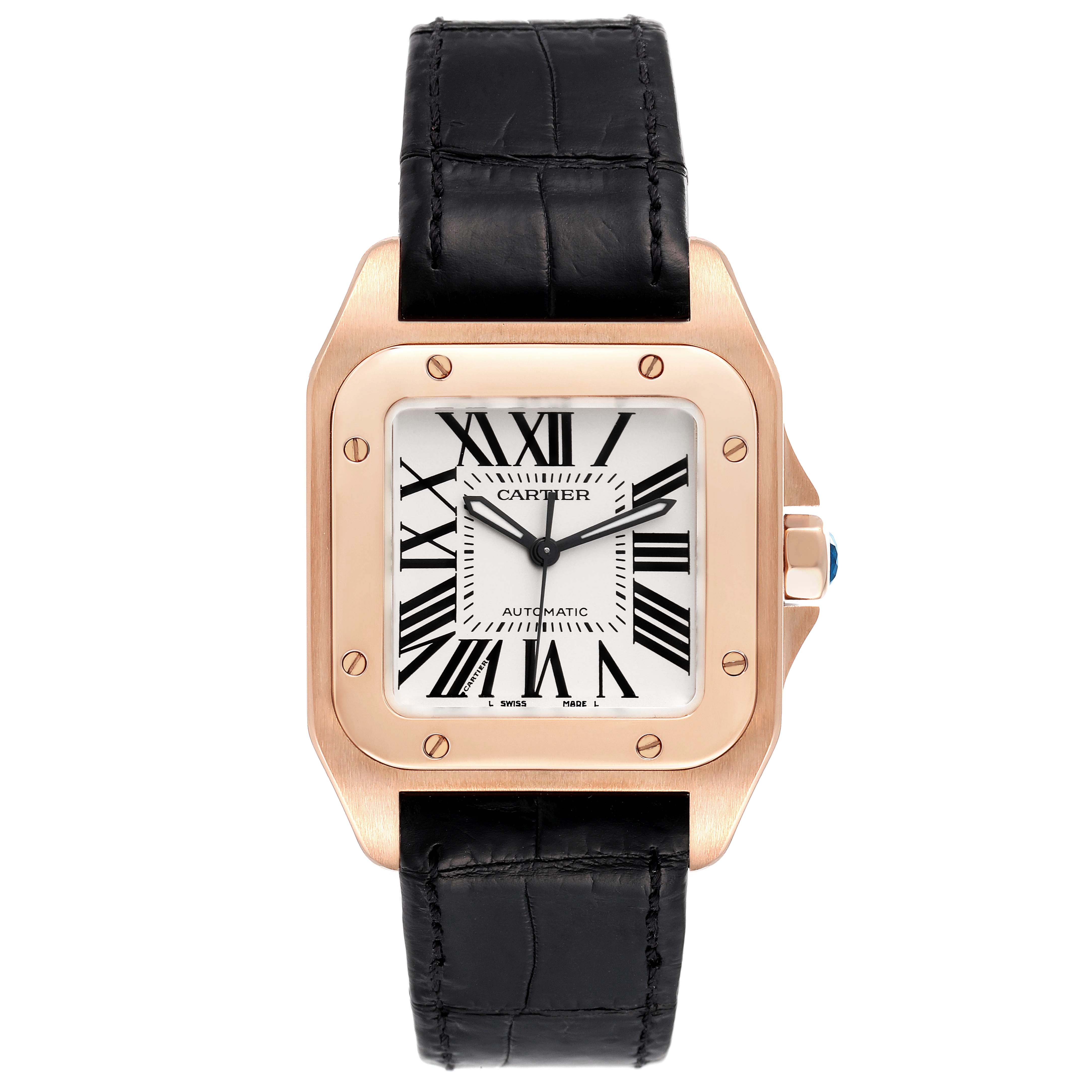 Cartier Santos 100 Midsize Rose Gold Silver Dial Mens Watch W20108Y1 ...
