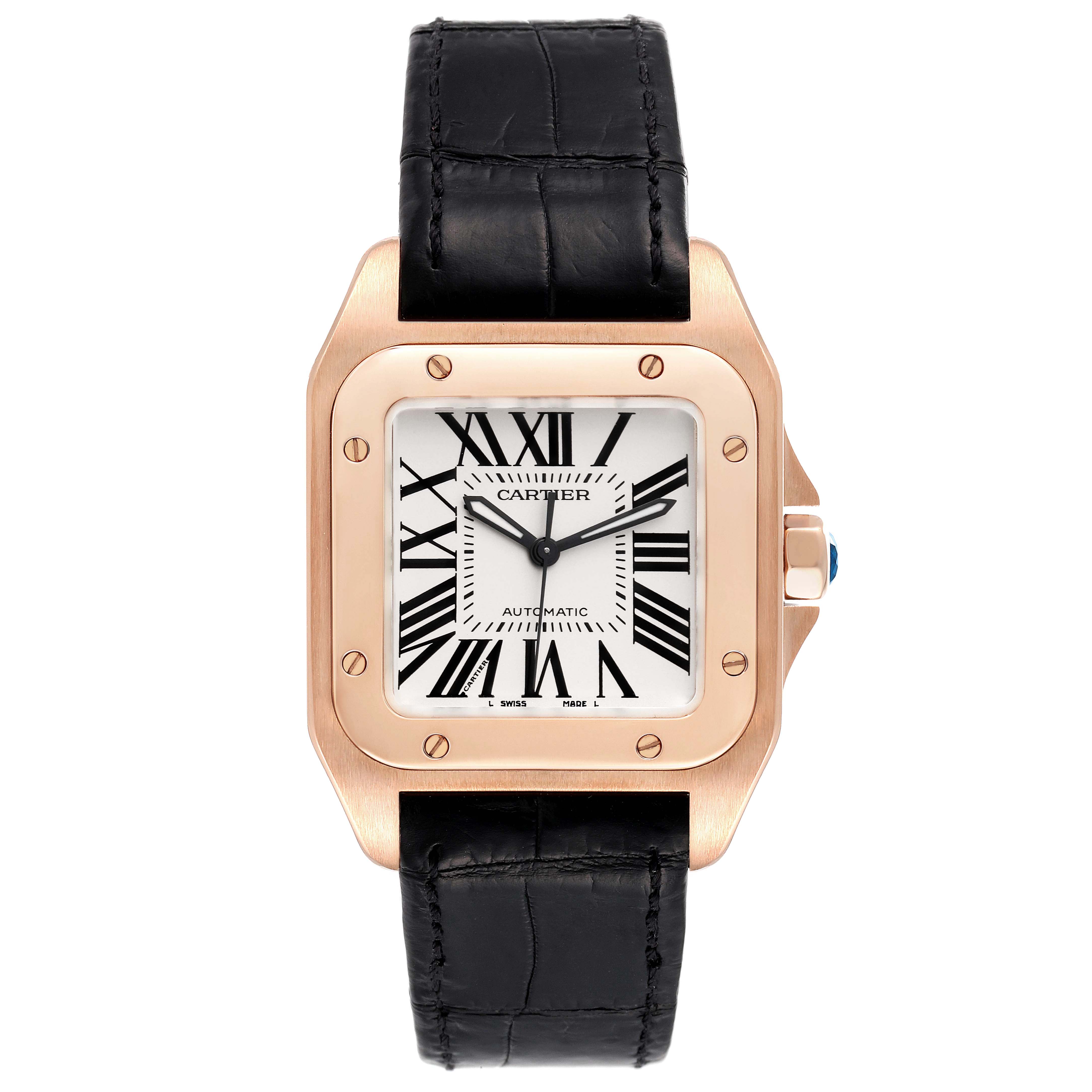 This image shows a frontal view of the Cartier Santos W20108Y1 Men
s Rose Gold Silver Dial W20108Y1 Men
s Rose Gold Silver Dial watch, displaying its face, bezel, and black leather strap.