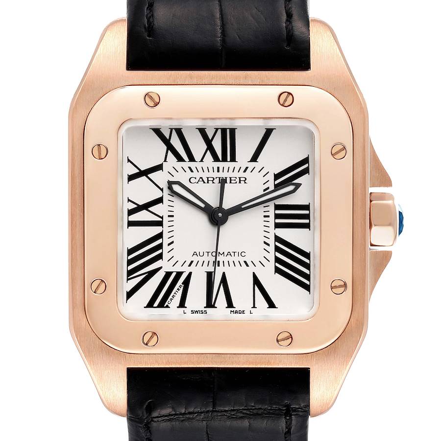 Cartier Santos 100 Midsize Rose Gold Silver Dial Mens Watch W20108Y1 Box Card SwissWatchExpo