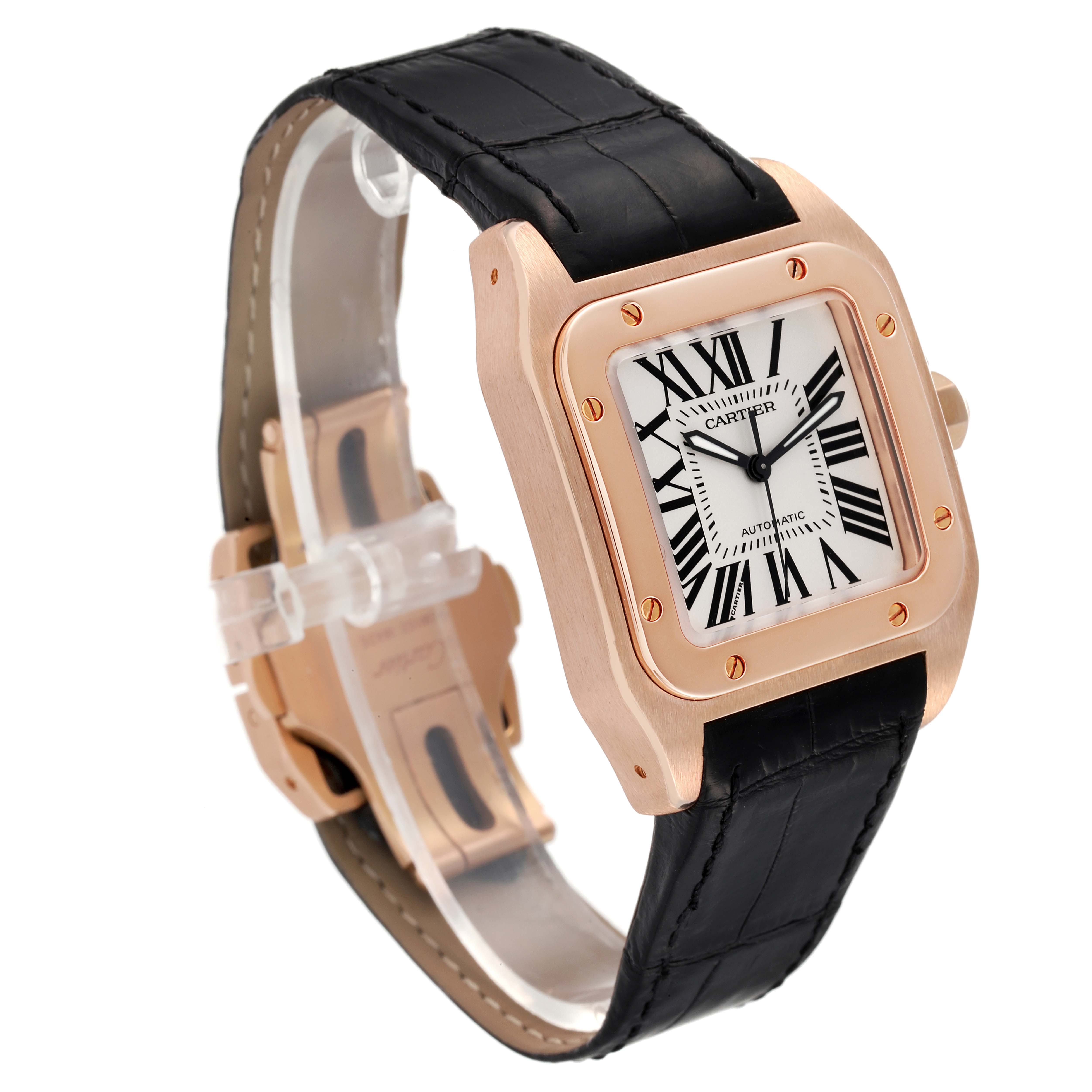 The image shows a Cartier Santos W20108Y1 Men
s Rose Gold Silver Dial W20108Y1 Men
s Rose Gold Silver Dial model watch at a three-quarter angle, highlighting the face, bezel, and strap.