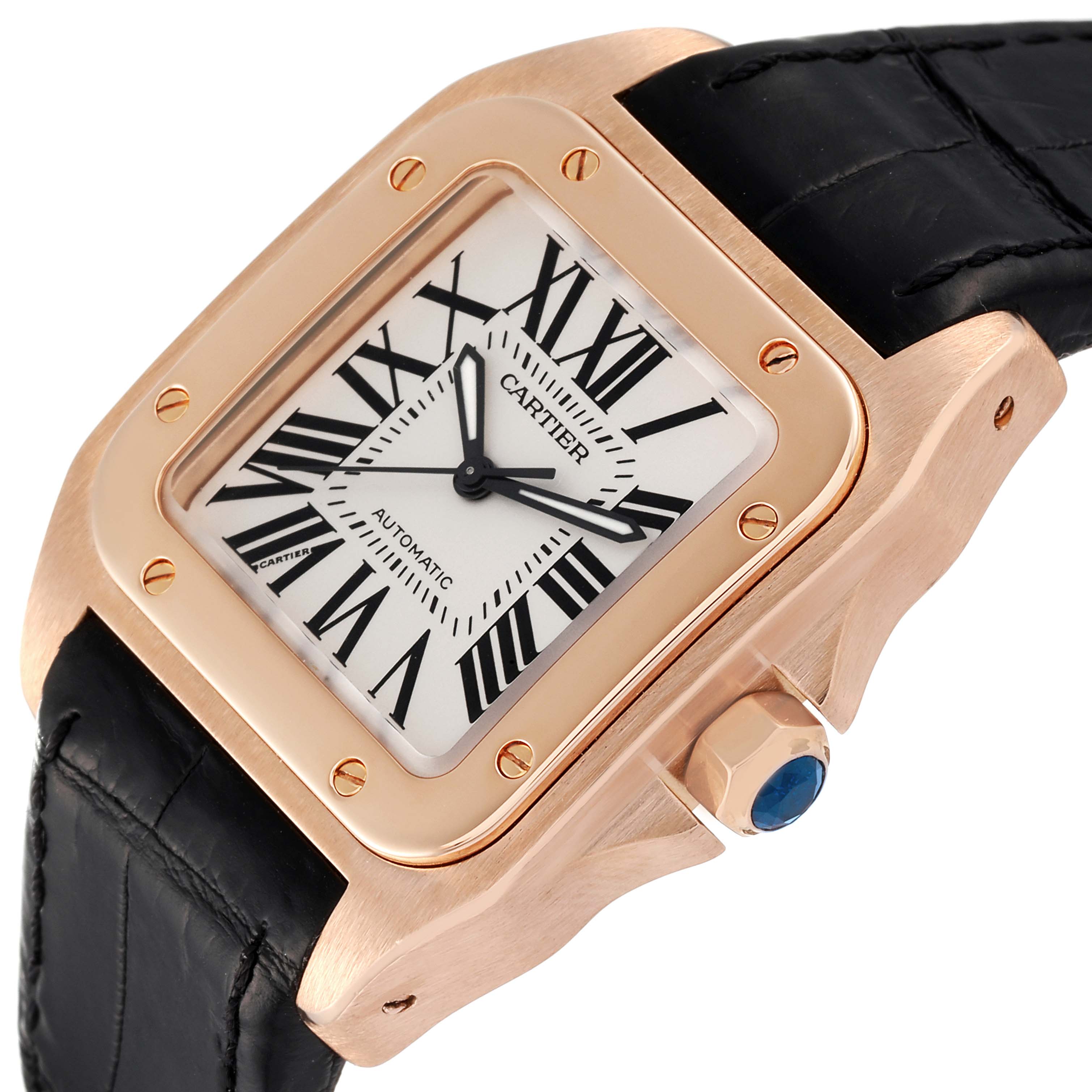 The image shows a close-up view of a Cartier Santos W20108Y1 Men
s Rose Gold Silver Dial W20108Y1 Men
s Rose Gold Silver Dial watch, highlighting its face, bezel, crown, and part of the strap.