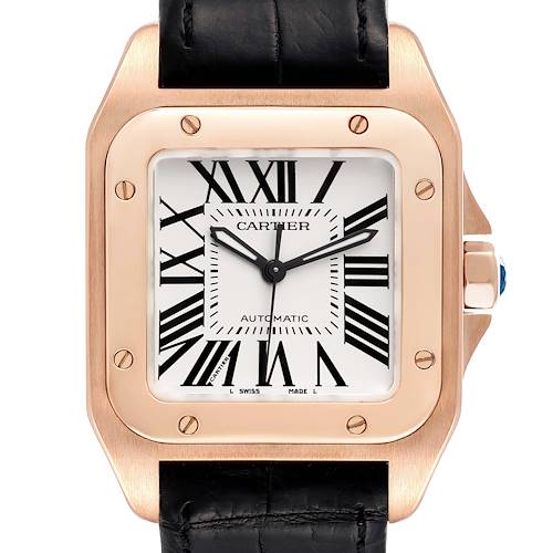 Photo of Cartier Santos 100 Midsize Rose Gold Silver Dial Mens Watch W20108Y1 Box Card