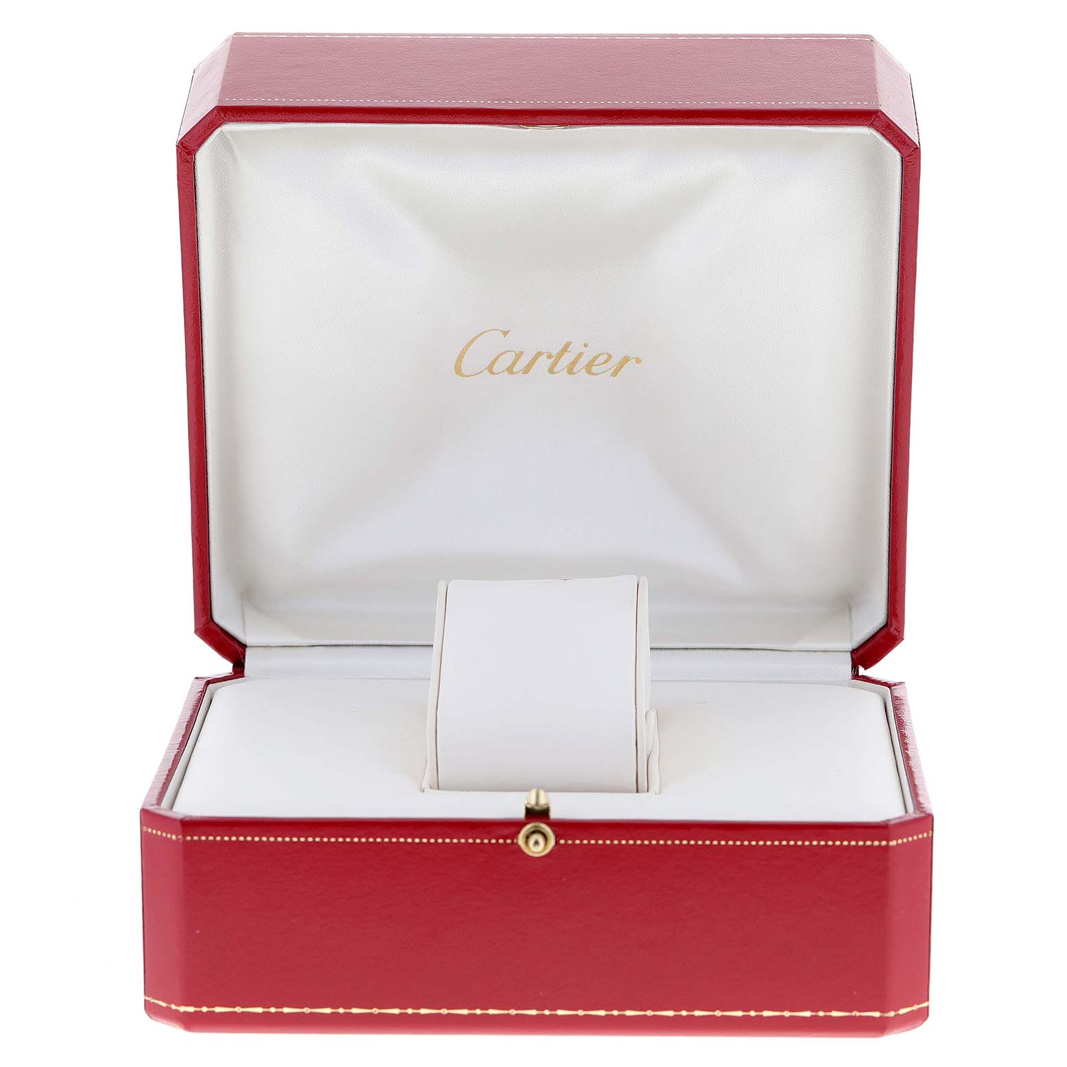 This image shows an open red Cartier watch box for the Santos model, with white interior padding.