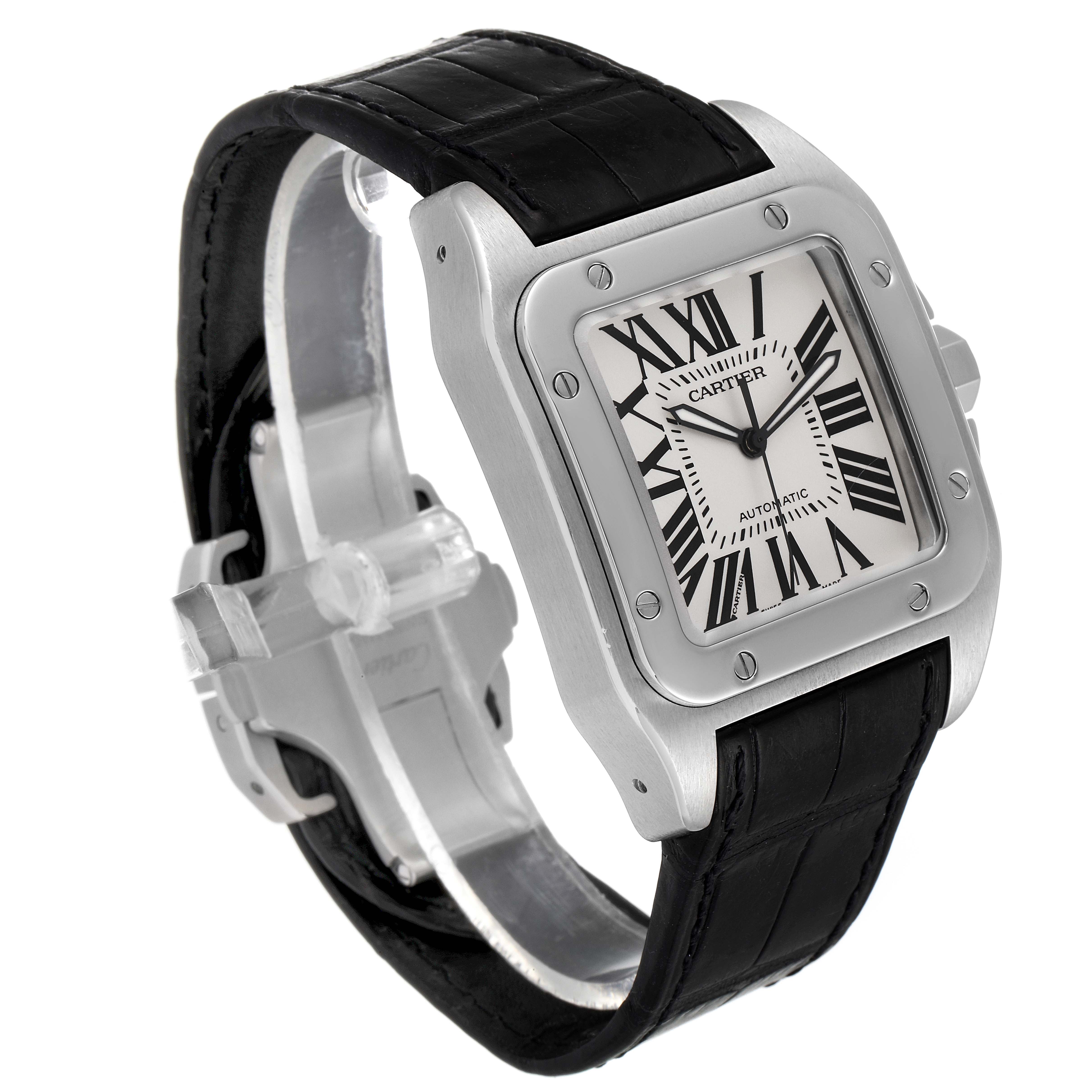 The Cartier Santos W20073X8 Men's Stainless Steel Silver Dial W20073X8 Men's Stainless Steel Silver Dial model watch is shown at a three-quarter angle, highlighting its face, bezel, and black leather strap.