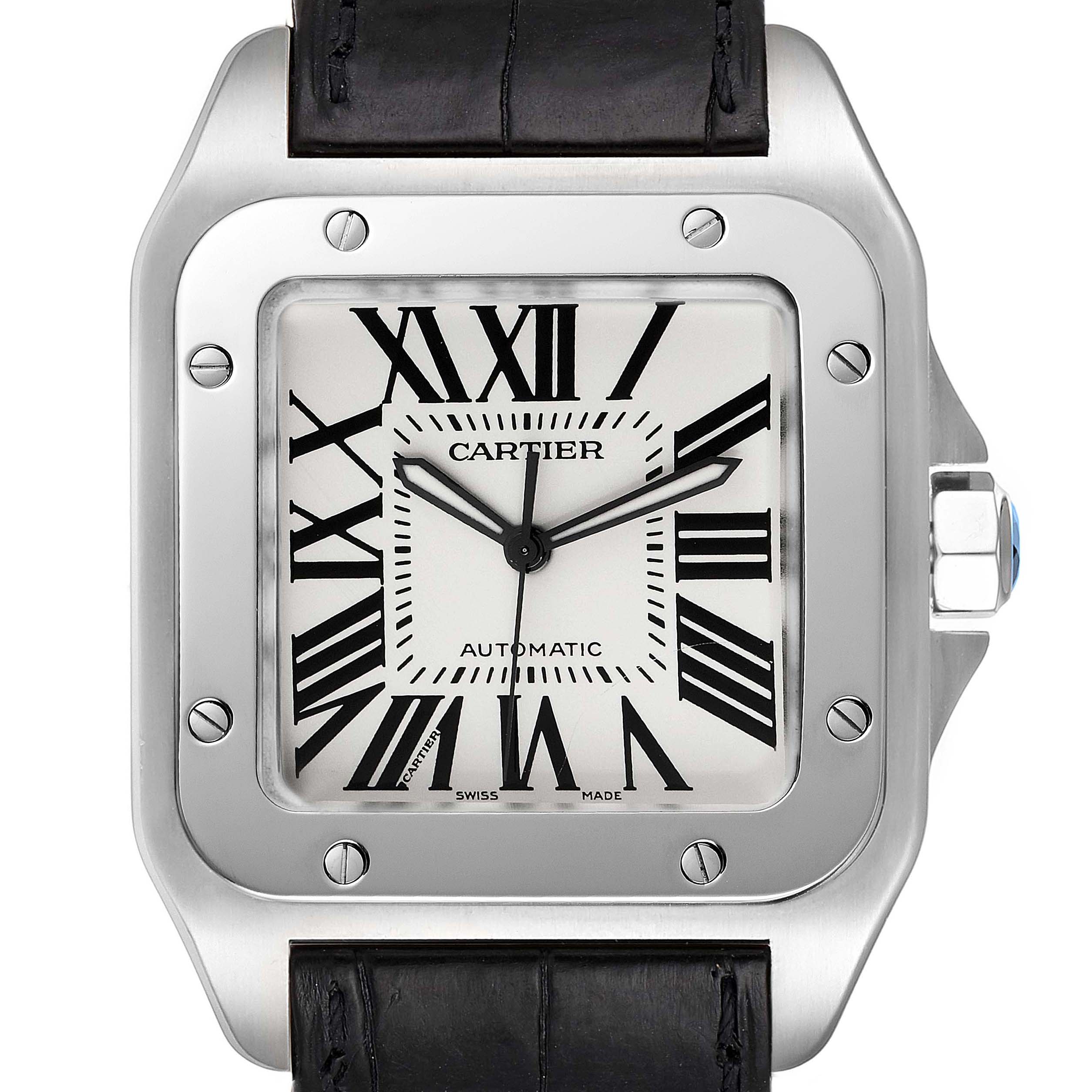 The image shows the front view of the Cartier Santos W20073X8 Men's Stainless Steel Silver Dial W20073X8 Men's Stainless Steel Silver Dial watch, focusing on the dial, bezel, and strap parts.
