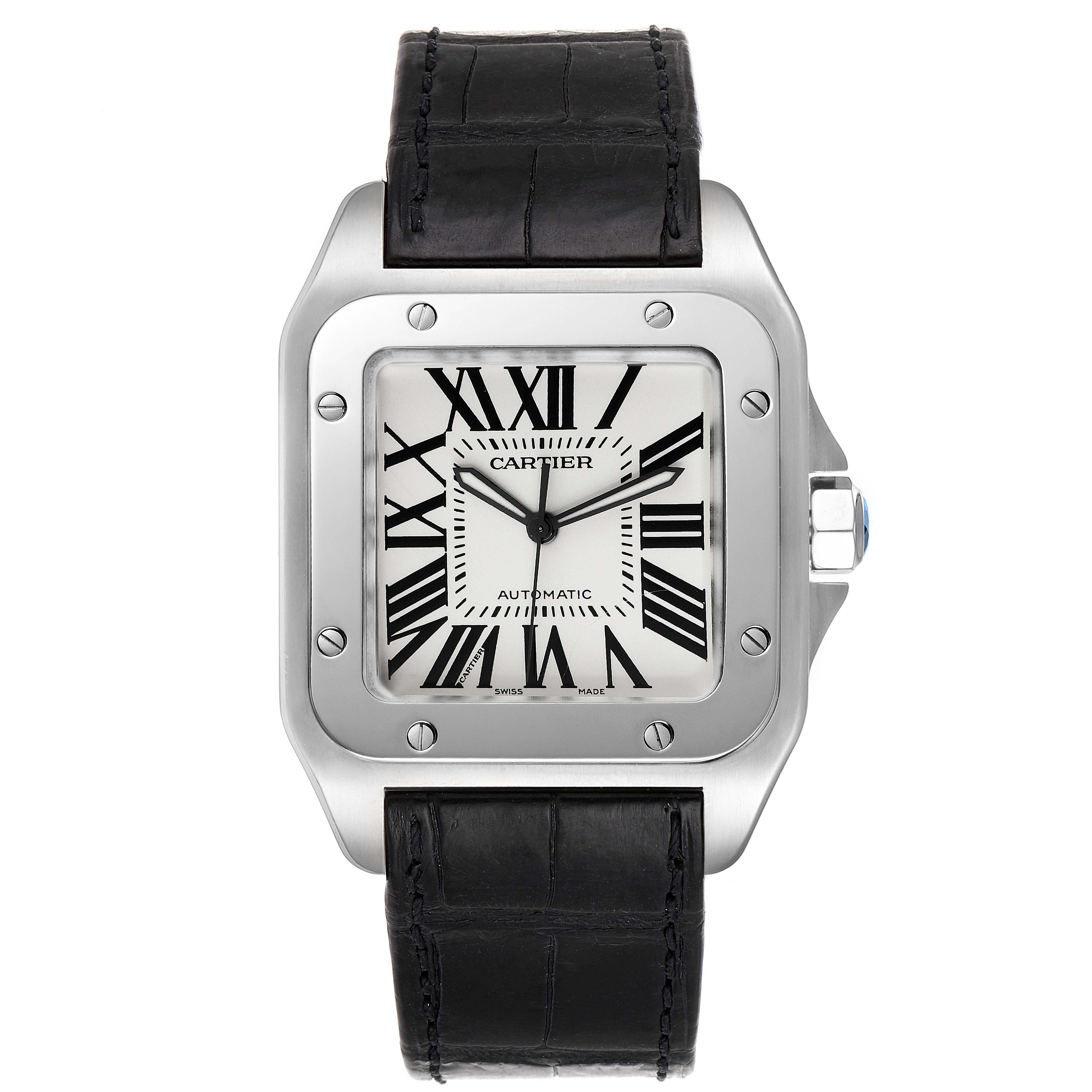 The image shows a front view of the Cartier Santos W20073X8 Men's Stainless Steel Silver Dial W20073X8 Men's Stainless Steel Silver Dial watch, highlighting its square dial, Roman numerals, and black leather strap.