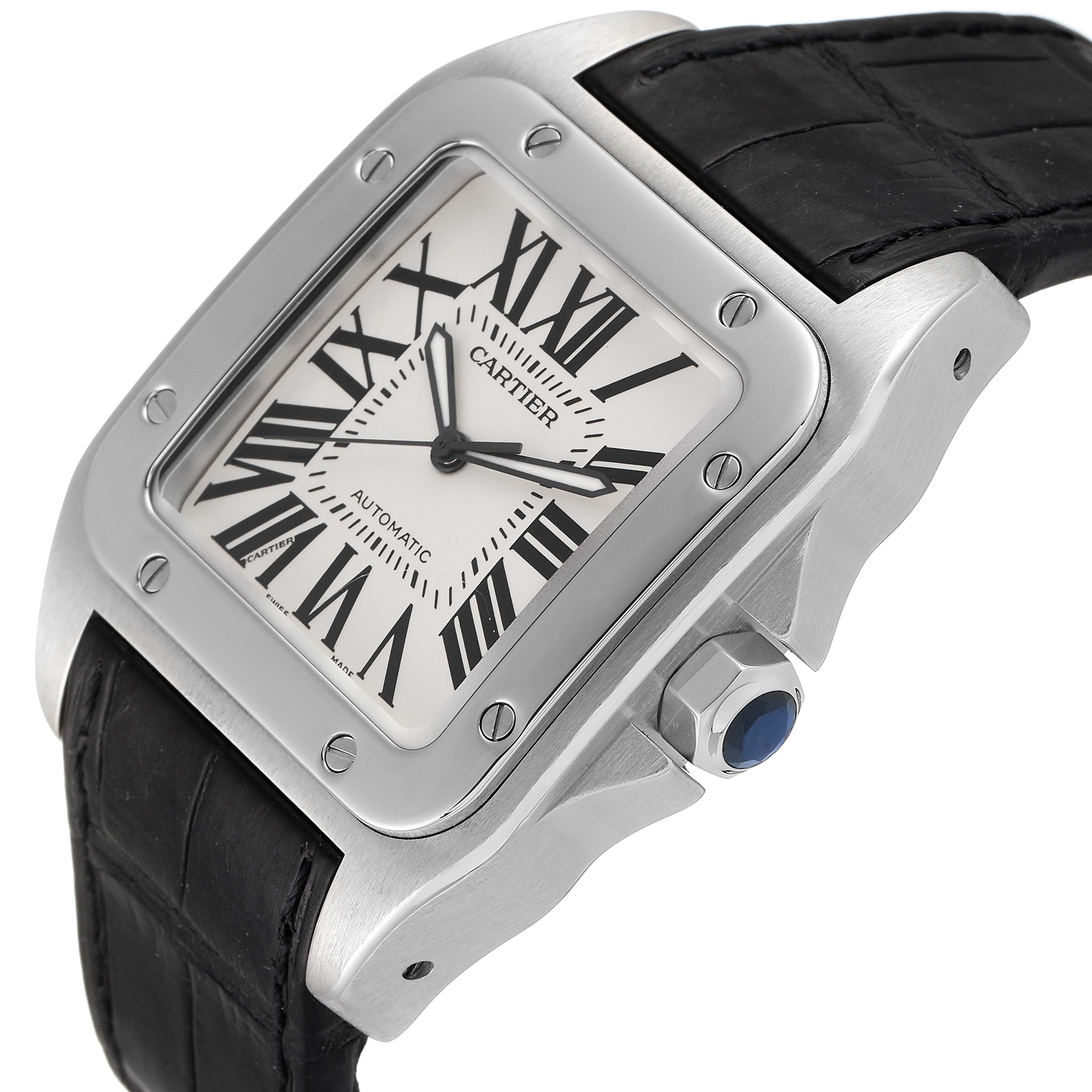 The image shows a Santos model by Cartier watch at a slight angle, highlighting its square face and black leather strap.
