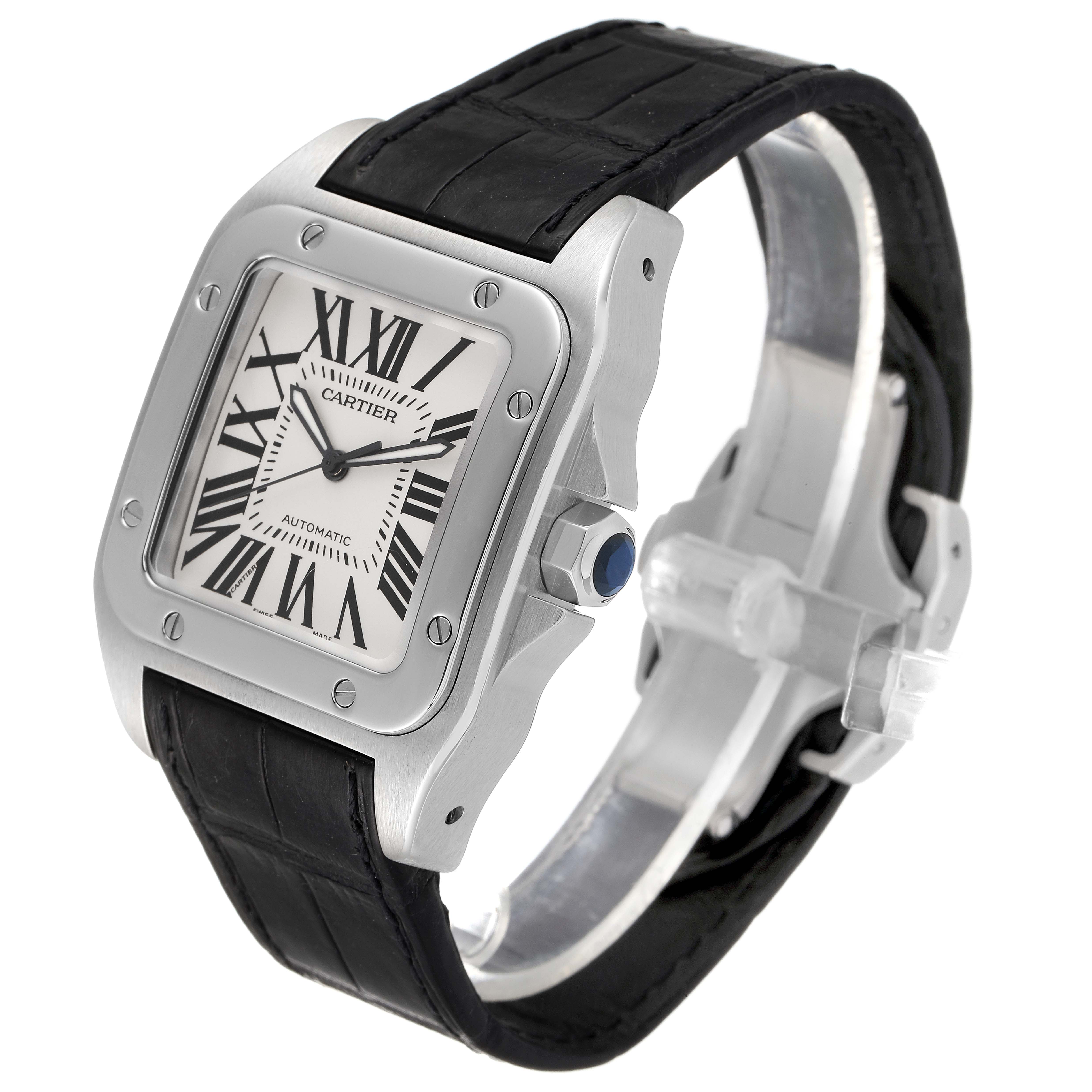 The Cartier Santos W20073X8 Men's Stainless Steel Silver Dial W20073X8 Men's Stainless Steel Silver Dial watch is shown at a three-quarter angle, highlighting its face, bezel, crown, and black leather strap.