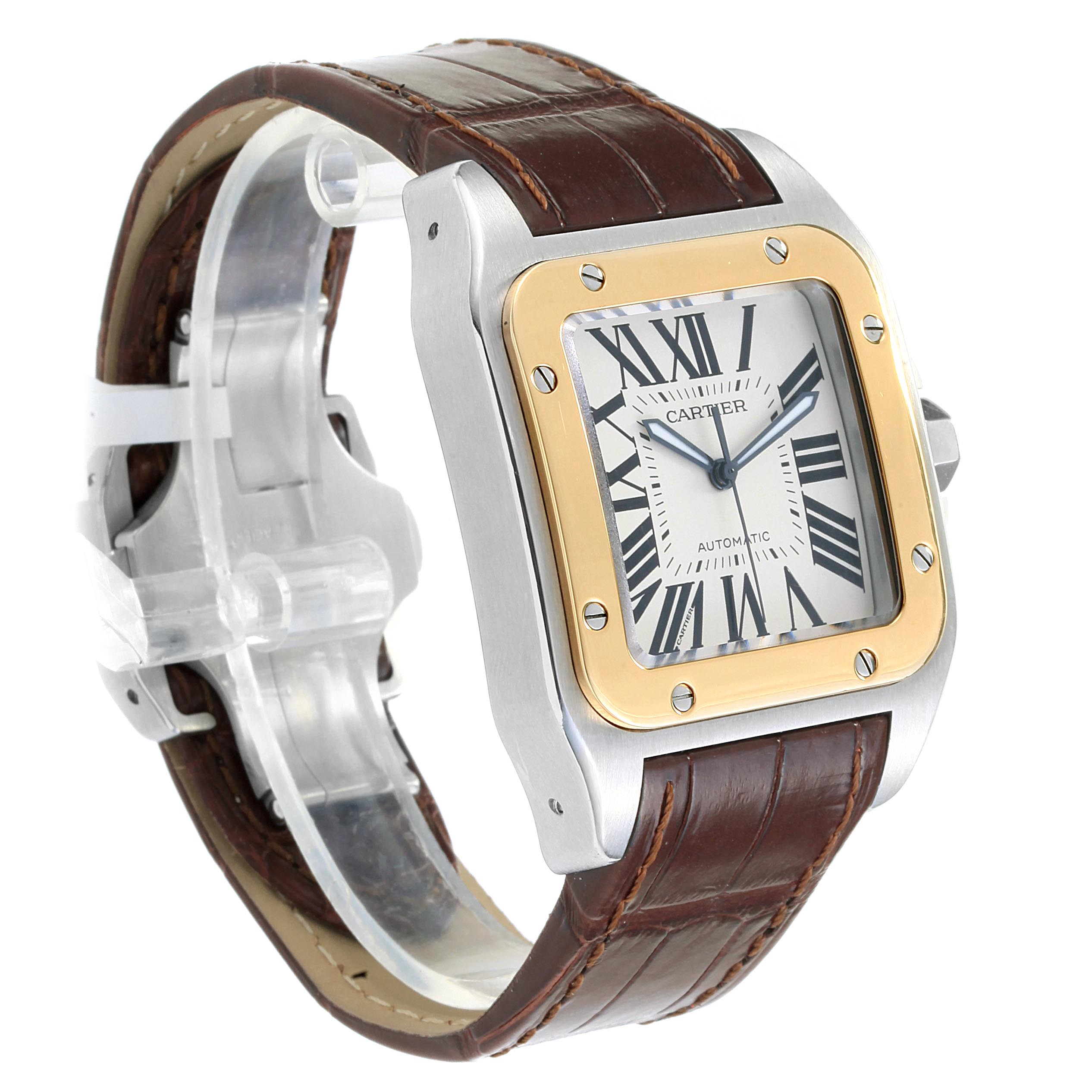 The image shows a Cartier Santos W20072X7 Men's Steel and Gold (two tone) Silver Dial W20072X7 Men's Steel and Gold (two tone) Silver Dial watch at an angle displaying the face, bezel, and brown leather strap.
