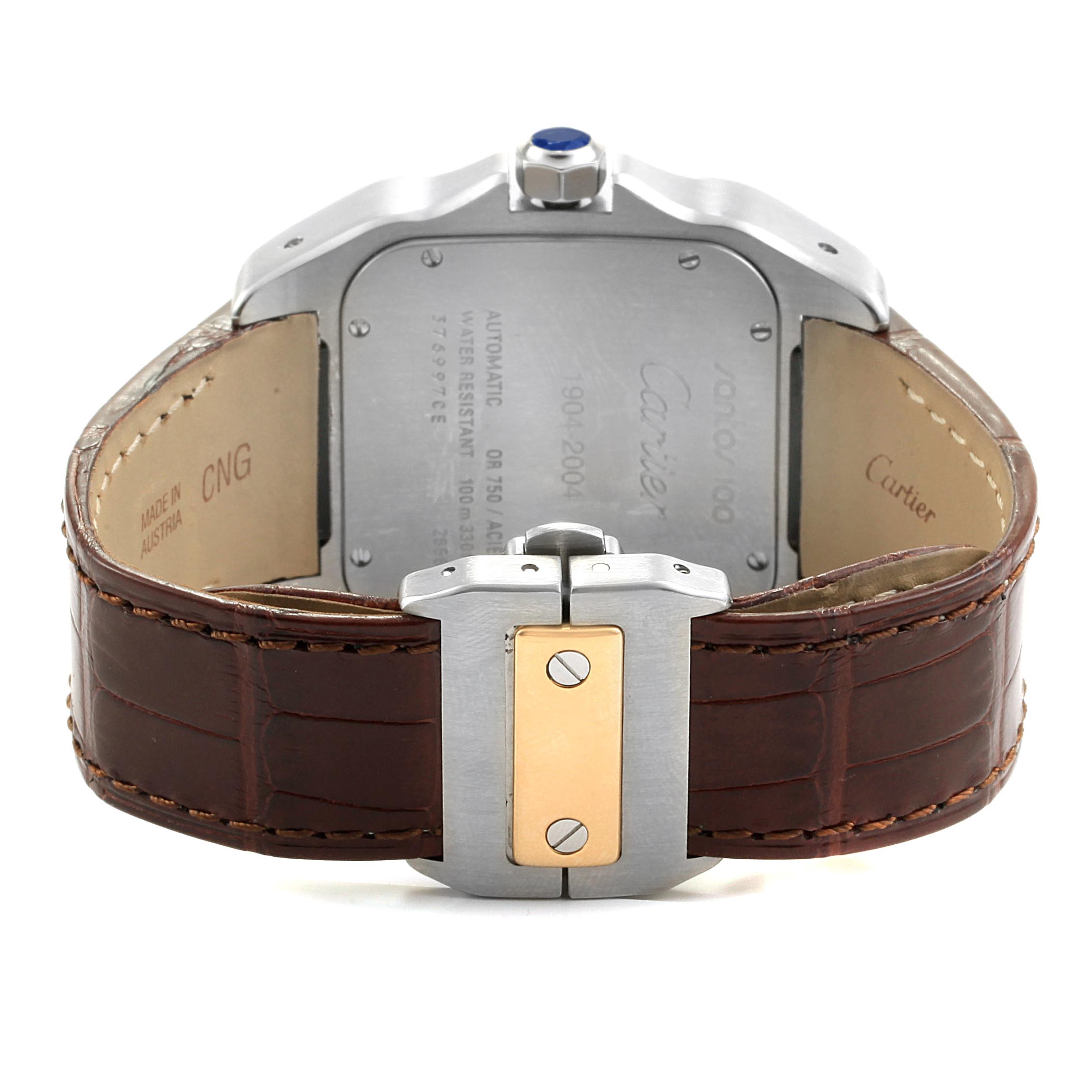 This image shows the back and clasp of a Cartier Santos W20072X7 Men's Steel and Gold (two tone) Silver Dial W20072X7 Men's Steel and Gold (two tone) Silver Dial watch with a brown leather strap.