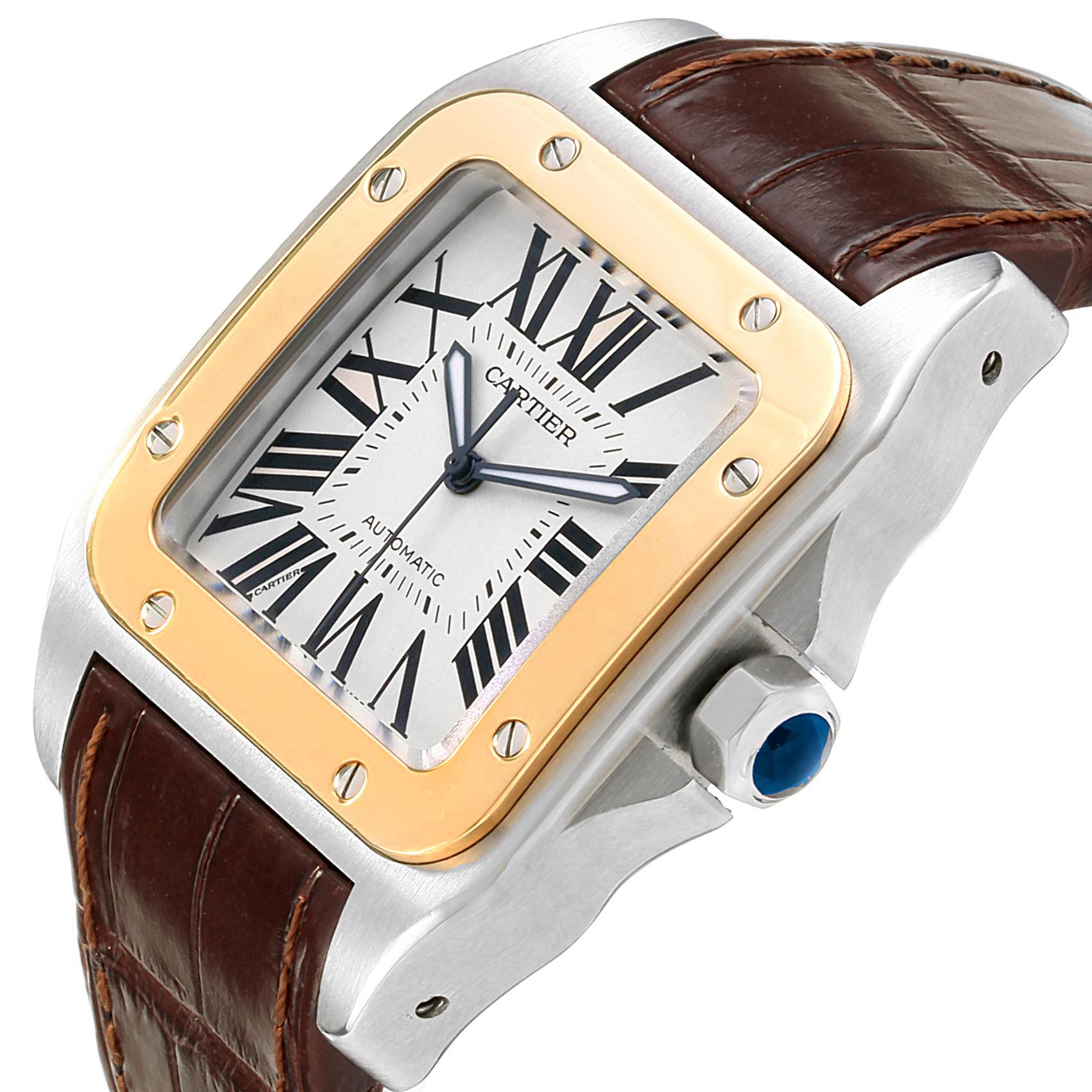 The image shows a close-up angled view of the Cartier Santos W20072X7 Men's Steel and Gold (two tone) Silver Dial W20072X7 Men's Steel and Gold (two tone) Silver Dial watch, highlighting the face, bezel, and part of its brown leather strap.