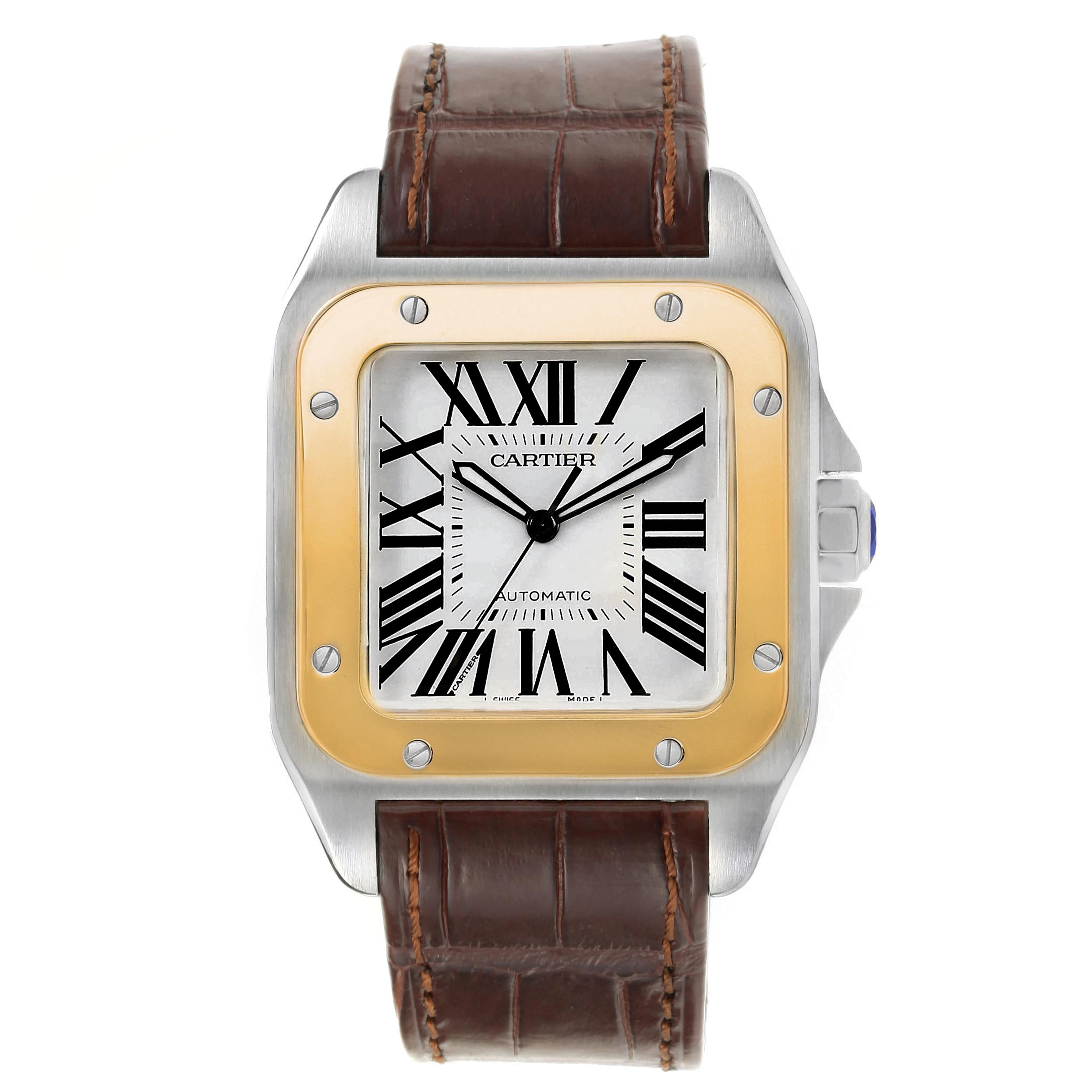 This image shows a front view of the Cartier Santos W20072X7 Men's Steel and Gold (two tone) Silver Dial W20072X7 Men's Steel and Gold (two tone) Silver Dial watch with a brown leather strap and a rectangular face with Roman numerals.
