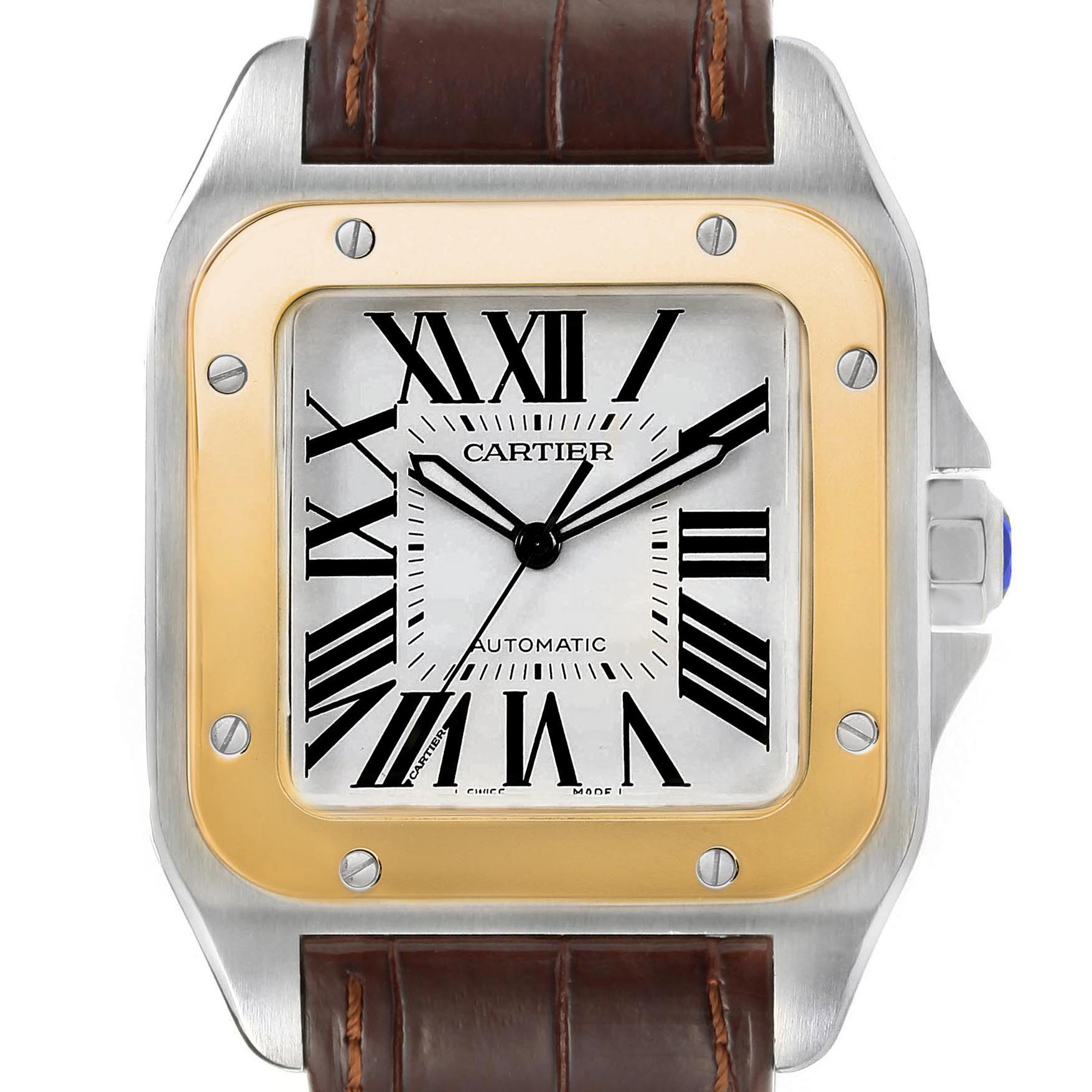 This image shows a close-up of the Cartier Santos W20072X7 Men's Steel and Gold (two tone) Silver Dial W20072X7 Men's Steel and Gold (two tone) Silver Dial watch face, featuring a leather strap, square case, and Roman numeral markers.