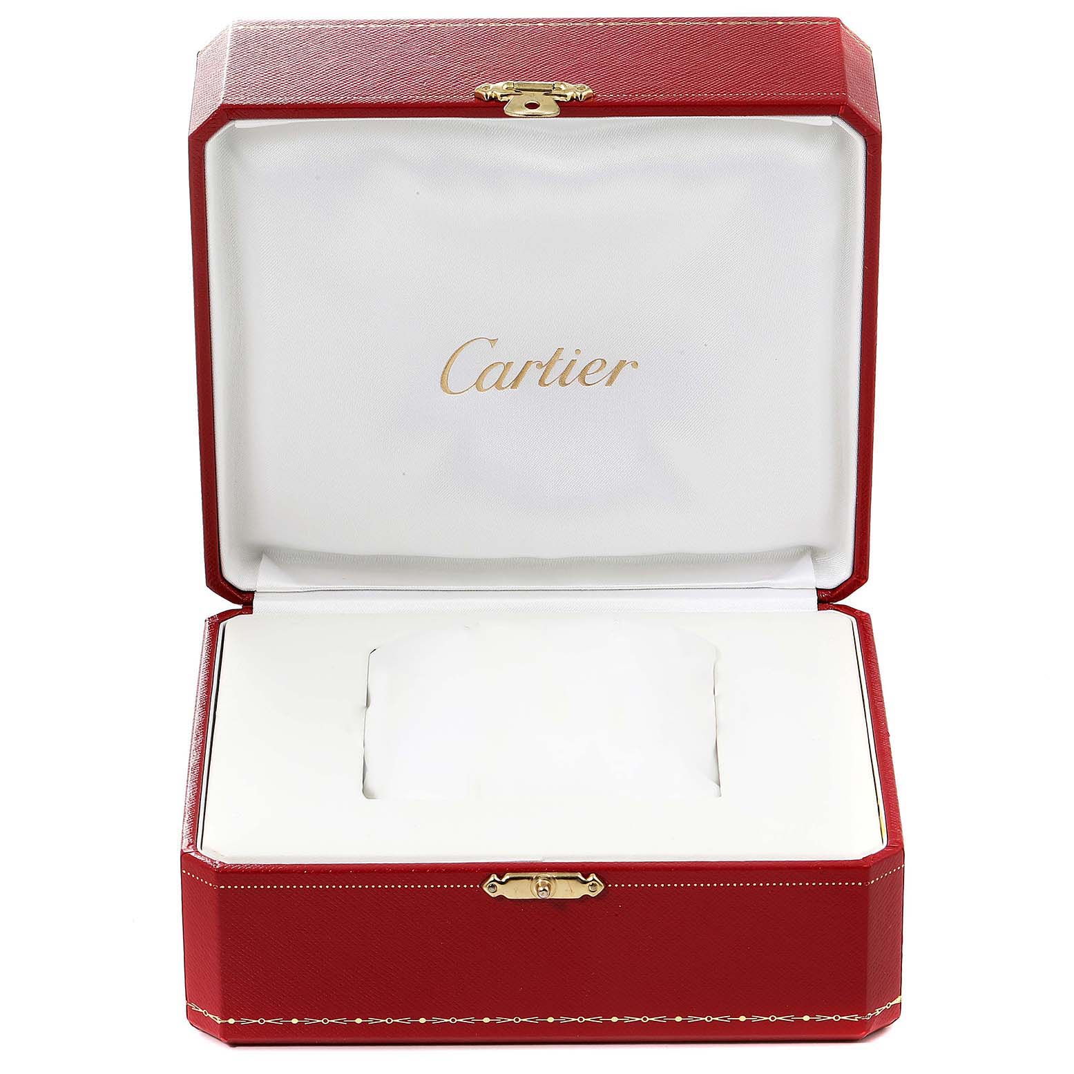 This image shows an open red-and-white Cartier watch box, presumably for a Santos model watch, without the watch inside.