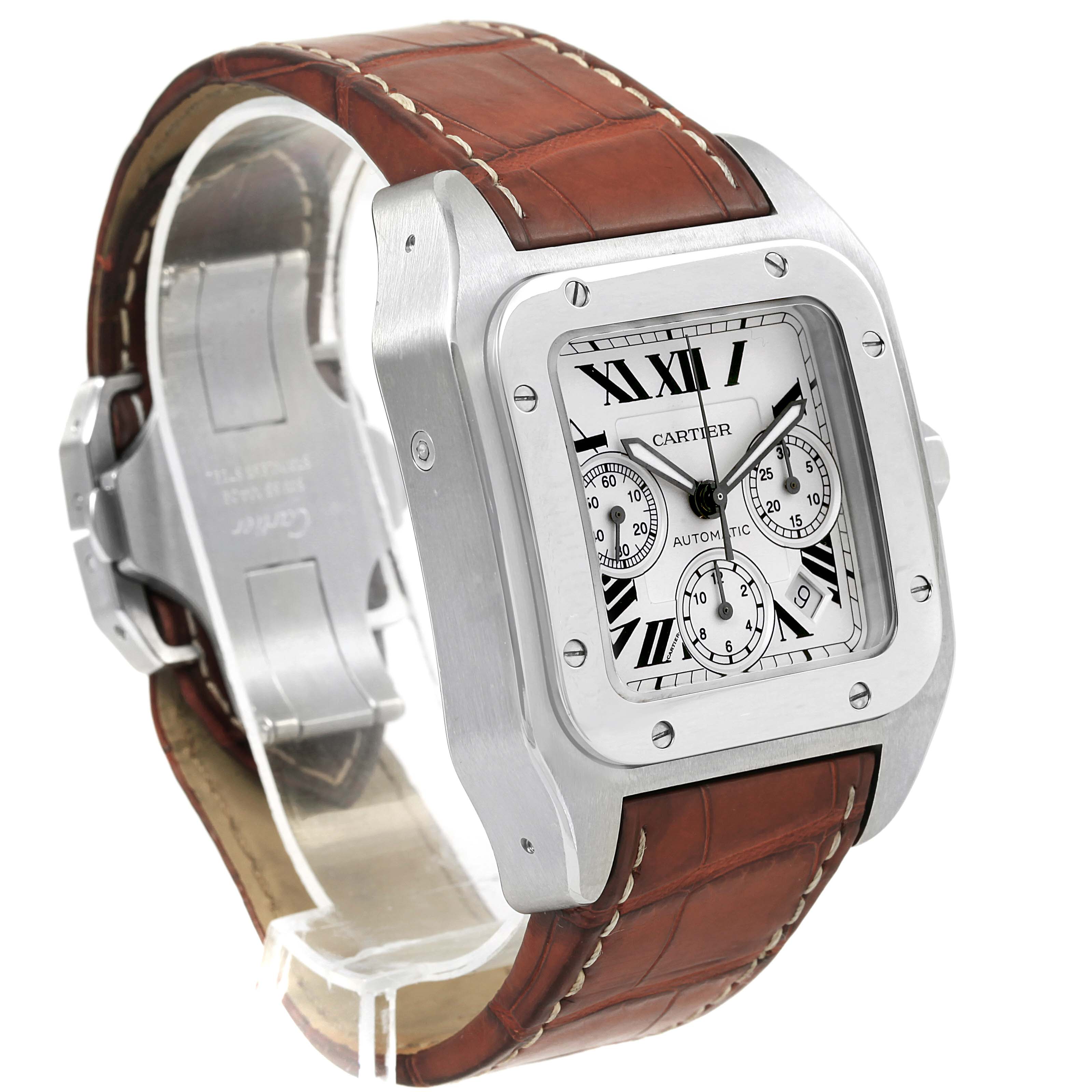 The image shows a Cartier Santos W20090X8 Men's Stainless Steel Silver Dial W20090X8 Men's Stainless Steel Silver Dial watch angled left, featuring the case, dial, and leather strap.